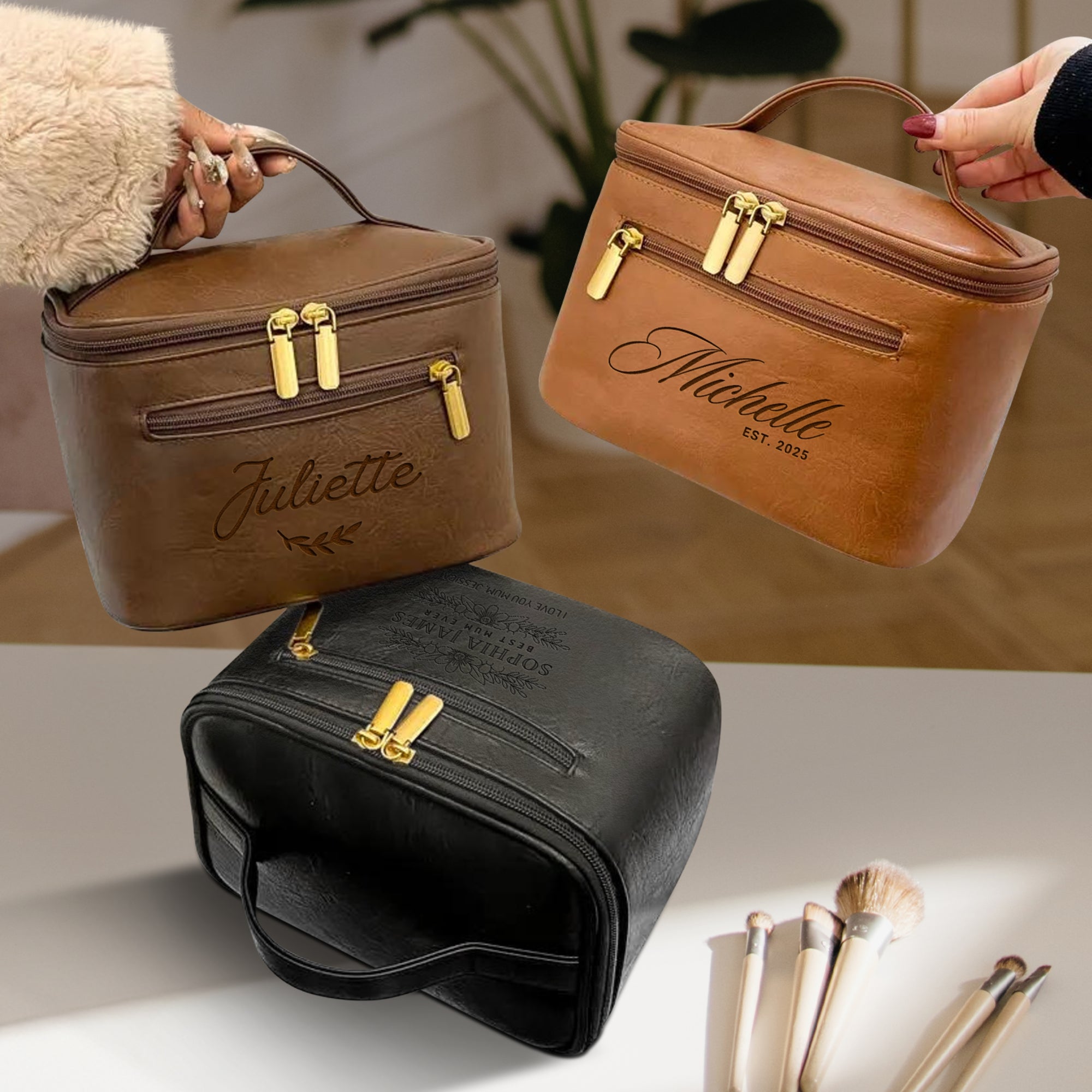 Personalised Leatherette Makeup Toiletry Bag, Custom Engraved Multiple Zip Cosmetic Storage Bag, Carry Travel Vanity Case, Mom Birthday Gift