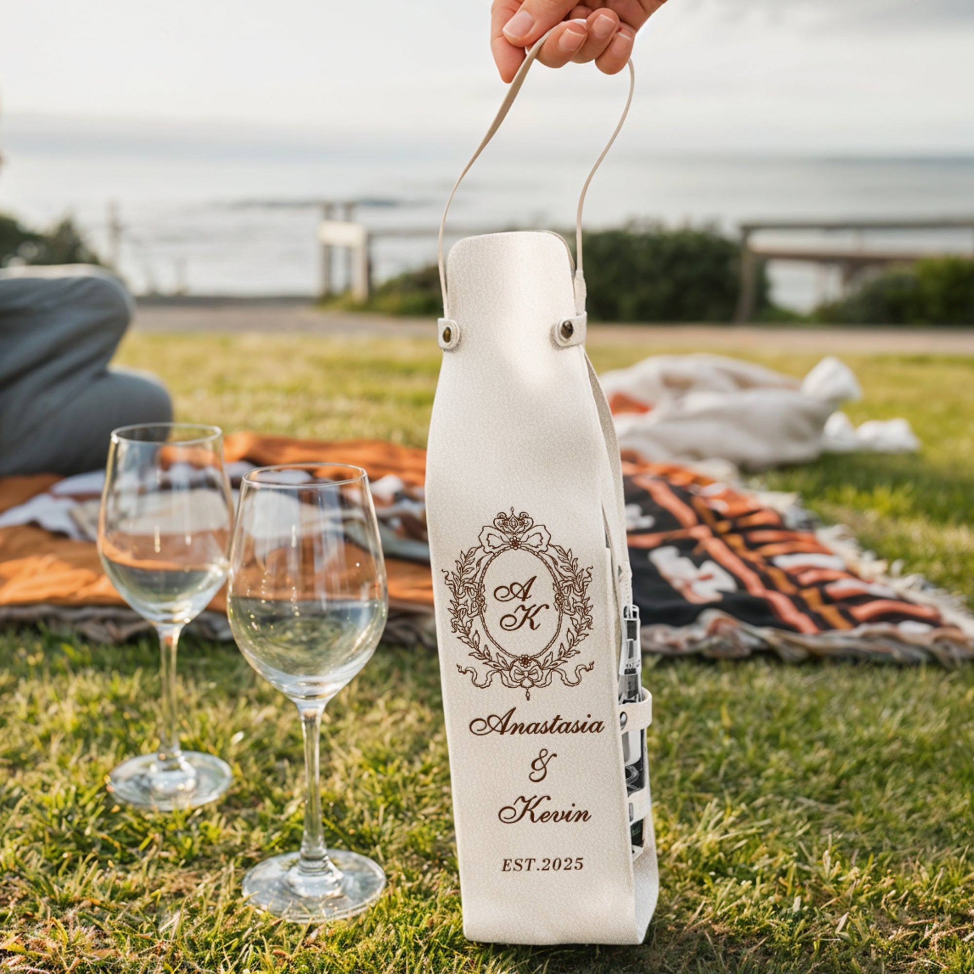 Personalised Leatherette Single Wine Bottle Holder & Matte Black Corkscrew Opener Custom Engraved Logo Champagne Bag Birthday Corporate Gift