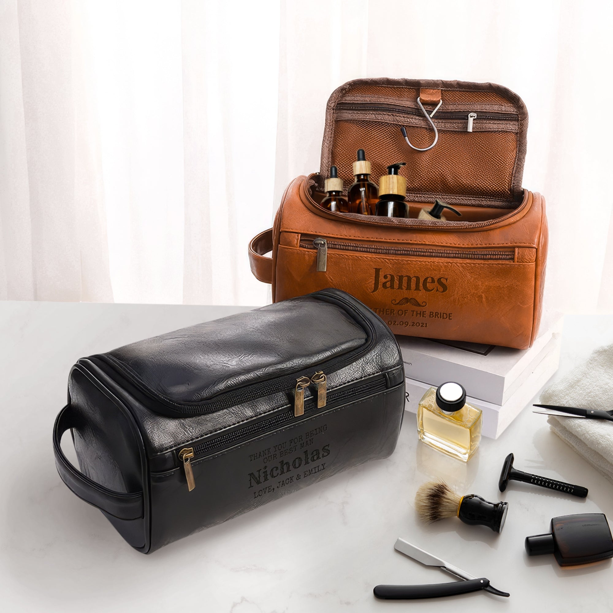 Personalised Leatherette Travel Toiletry Bag, Custom Engraved Multiple Zip Cosmetic Dopp Bag, Bestman Wedding Favour Groomsman Proposal Gift