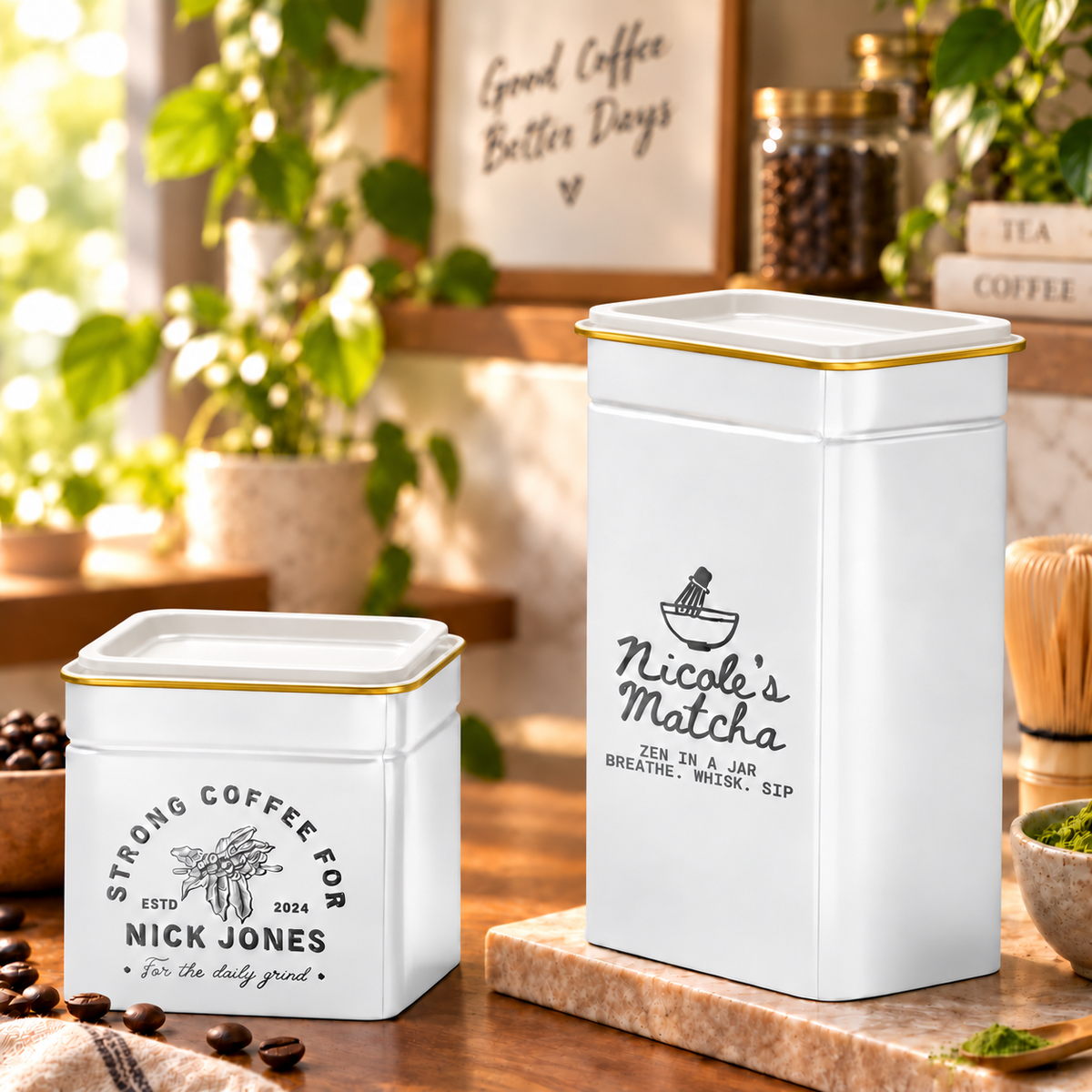 Personalised Matte White Gold Metal Tin, Custom Engraved Logo Jar, Coffee, Tea Storage, Cookie Lollies Canister, Housewarming, Mom Xmas Gift