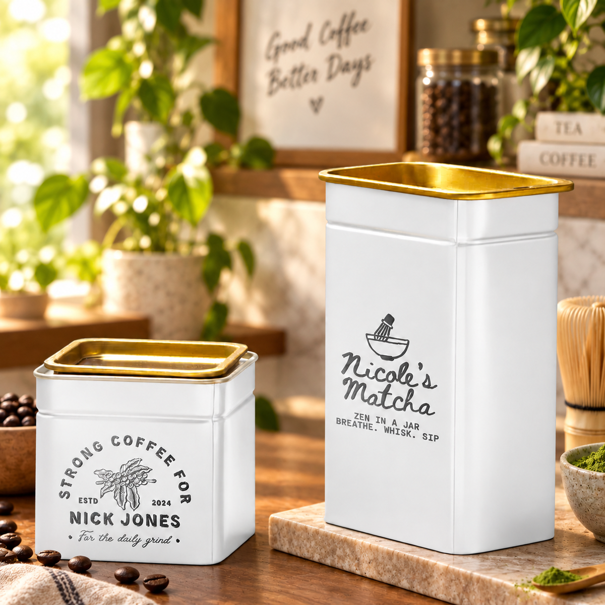 Personalised Matte White Gold Metal Tin, Custom Engraved Logo Jar, Coffee, Tea Storage, Cookie Lollies Canister, Housewarming, Mom Xmas Gift