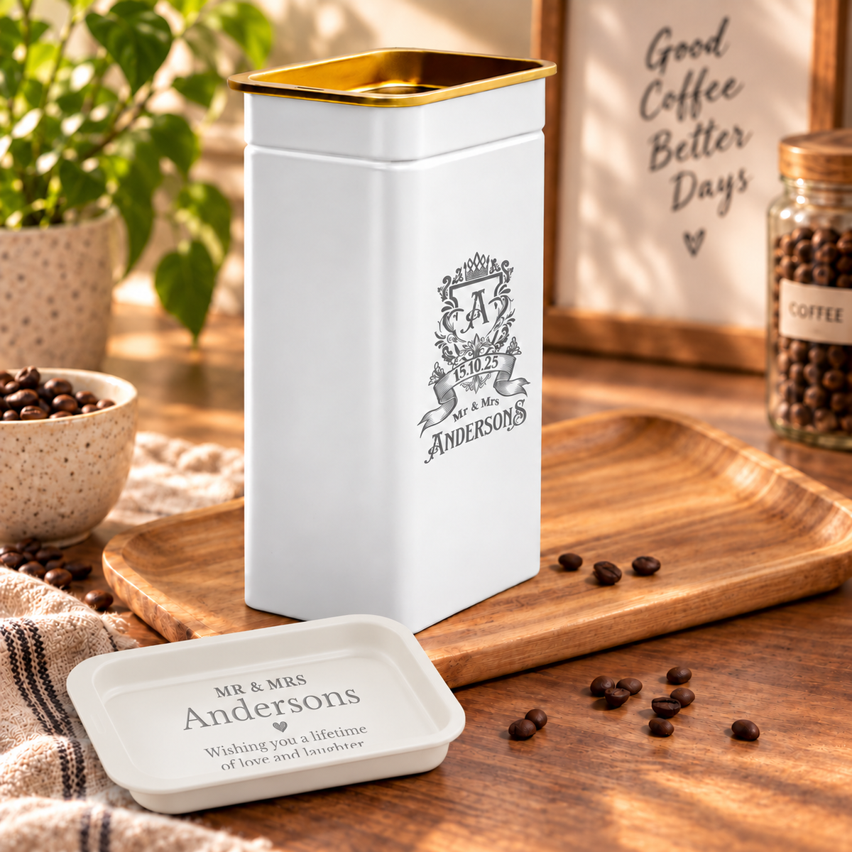 Personalised Matte White Gold Metal Tin, Custom Engraved Logo Jar, Coffee, Tea Storage, Cookie Lollies Canister, Housewarming, Mom Xmas Gift