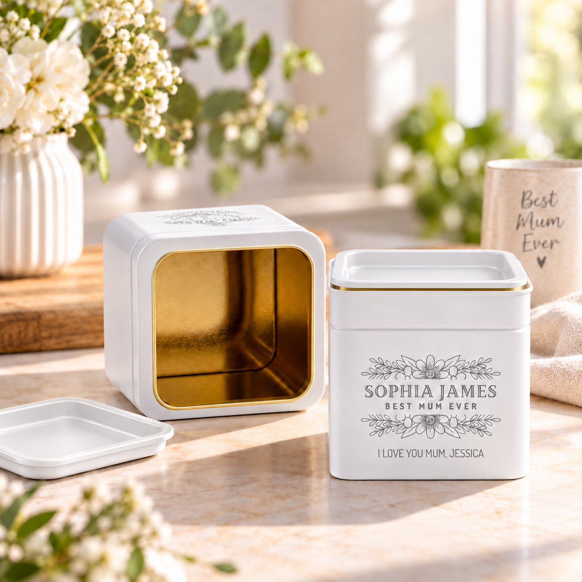 Personalised Matte White Gold Metal Tin, Custom Engraved Logo Jar, Coffee, Tea Storage, Cookie Lollies Canister, Housewarming, Mom Xmas Gift