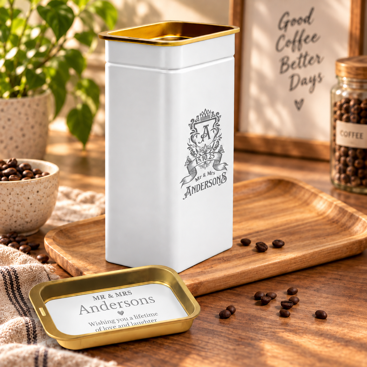 Personalised Matte White Gold Metal Tin, Custom Engraved Logo Jar, Coffee, Tea Storage, Cookie Lollies Canister, Housewarming, Mom Xmas Gift
