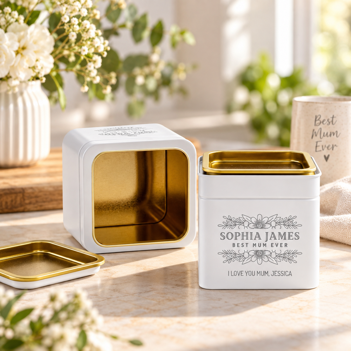 Personalised Matte White Gold Metal Tin, Custom Engraved Logo Jar, Coffee, Tea Storage, Cookie Lollies Canister, Housewarming, Mom Xmas Gift
