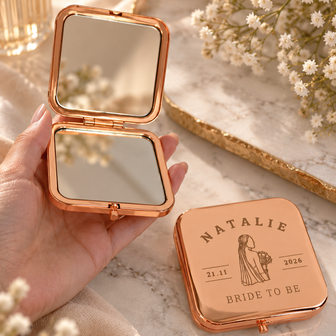 Personalised Metal Double Sided Compact Mirror &amp; Magnification, Custom Engraved Folding Pocket Makeup Tool, Wedding Favours, Bridesmaid Gift