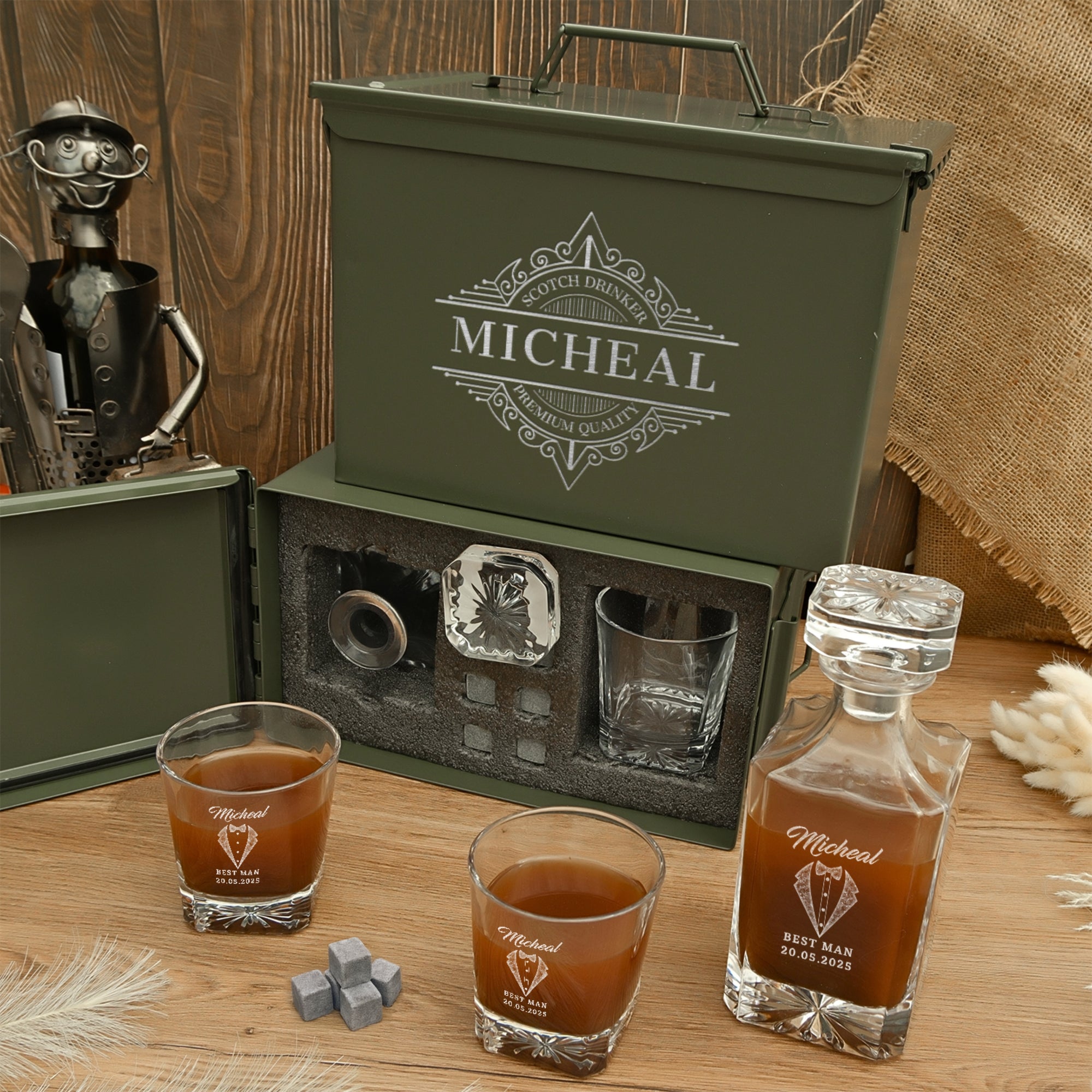 Personalised Military Whiskey Ammo Can Gift Box - Star Decanter, 2 Scotch Glasses &amp; 6 Ice Stones Set, Etched Army Barware Groomsman Dad Gift Set