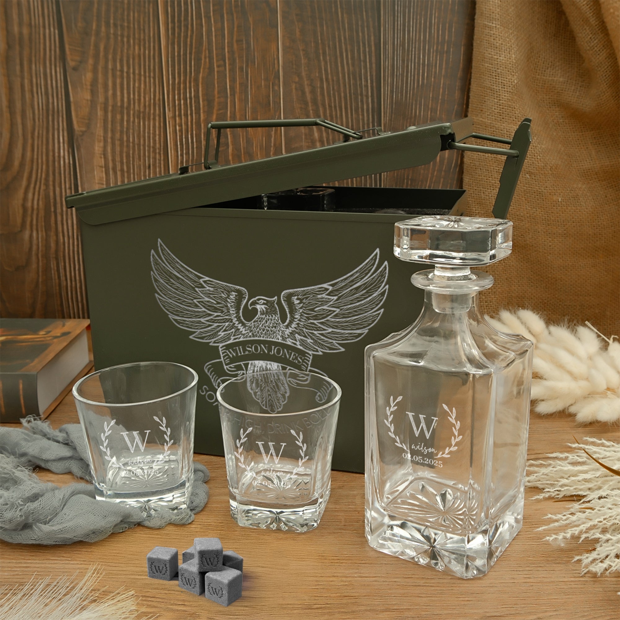 Personalised Military Whiskey Ammo Can Gift Box - Star Decanter, 2 Scotch Glasses &amp; 6 Ice Stones Set, Etched Army Barware Groomsman Dad Gift Set