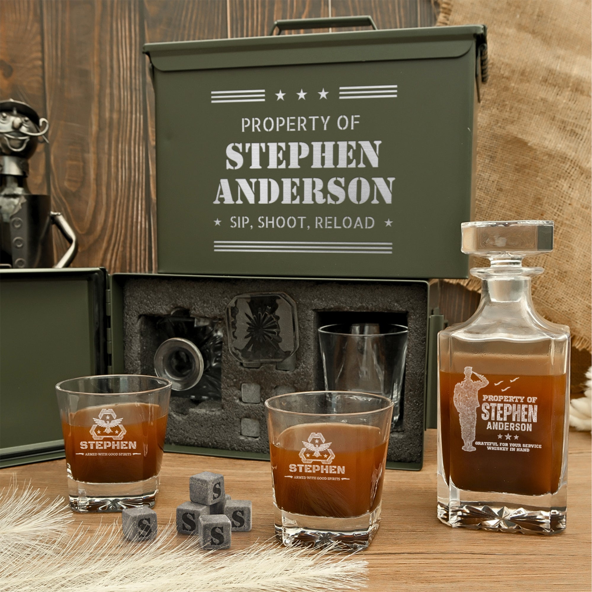 Personalised Military Whiskey Ammo Can Gift Box, Decanter, 2 Scotch Glasses & 6 Ice Stones Set, Etched Army Barware Groomsman Dad Gift Set