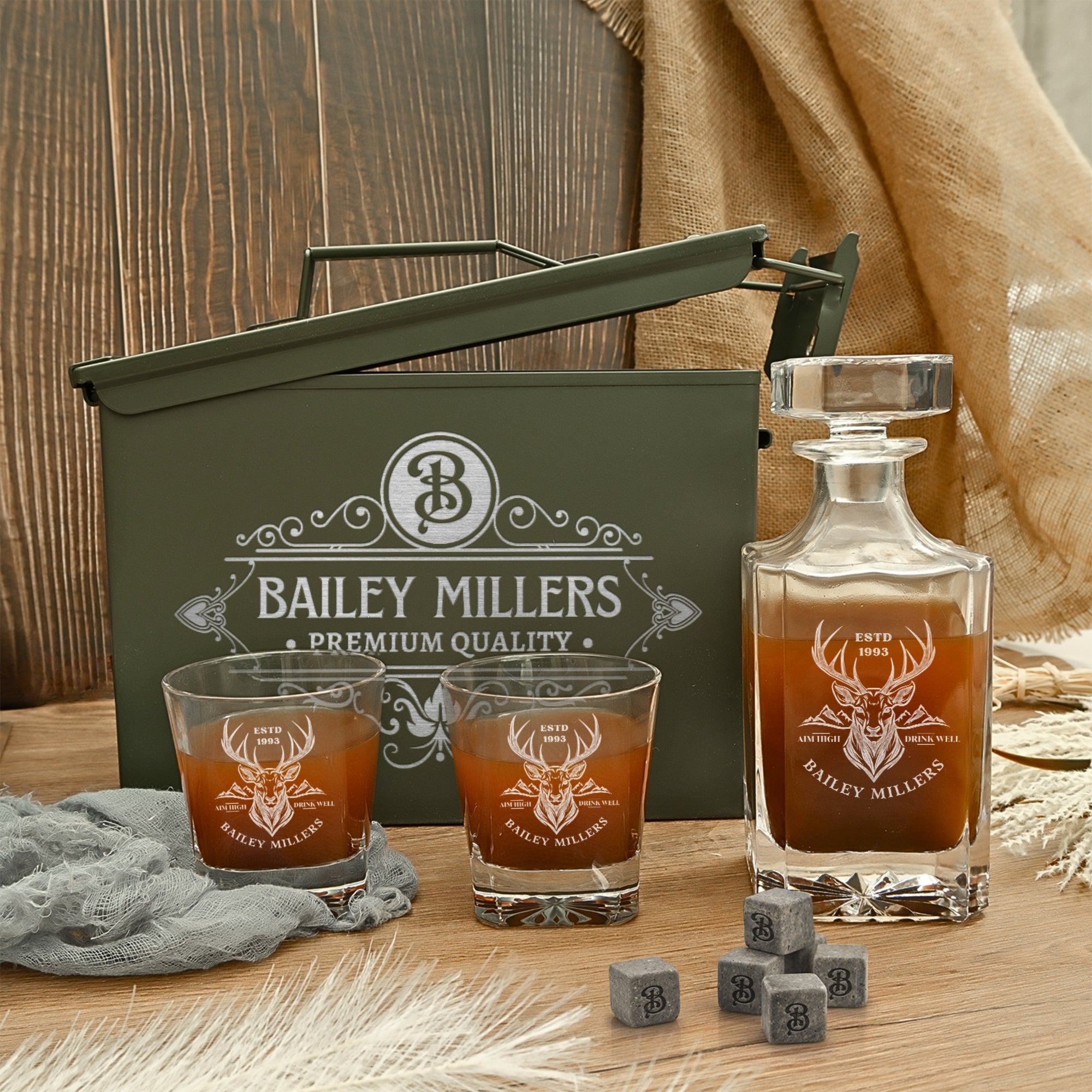 Personalised Military Whiskey Ammo Can Gift Box - Star Decanter, 2 Scotch Glasses & 6 Ice Stones Set, Etched Army Barware Groomsman Dad Gift Set