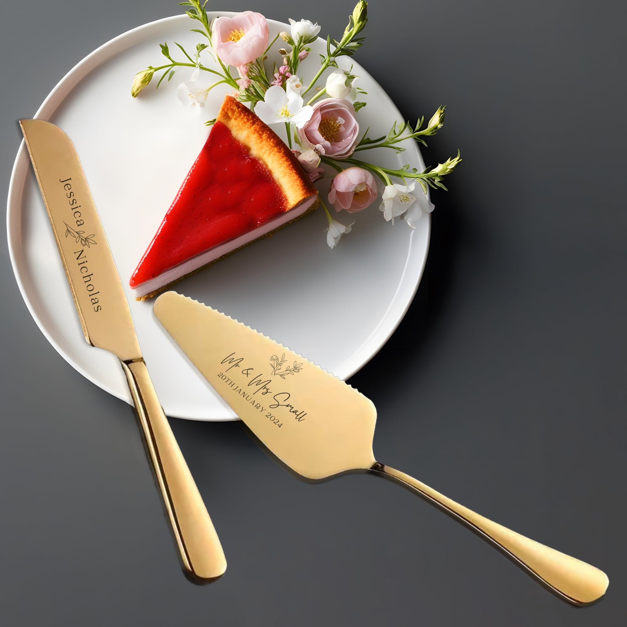 Personalised Minimalist Gold/ Silver Wedding Plated Cake Serving Set, Custom Etched Name Date Cutting Pastry Knife &amp; Server Anniversary Gift