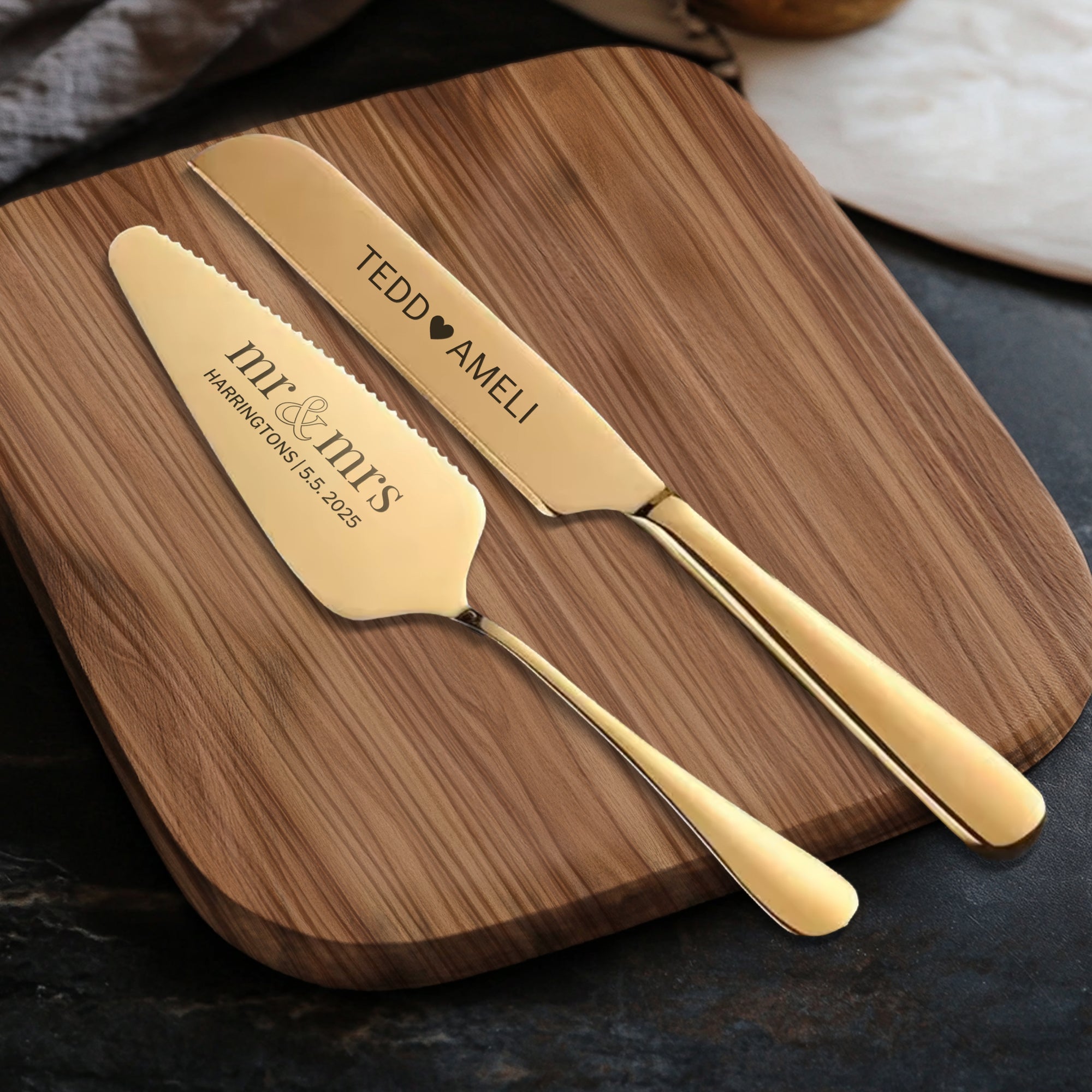Personalised Minimalist Gold/ Silver Wedding Plated Cake Serving Set, Custom Etched Name Date Cutting Pastry Knife &amp; Server Anniversary Gift