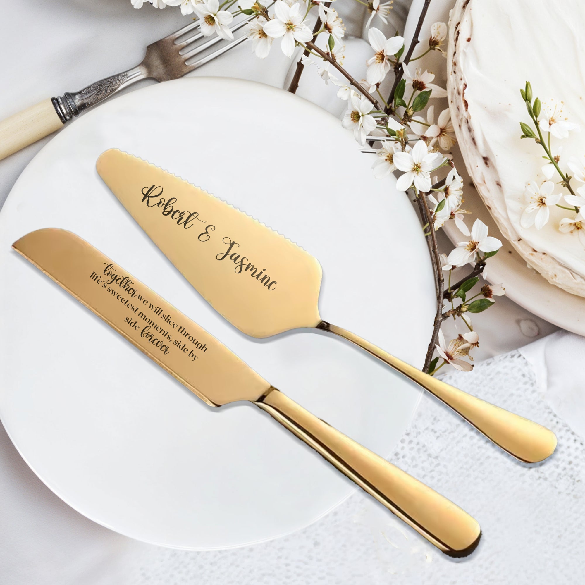 Personalised Minimalist Gold/ Silver Wedding Plated Cake Serving Set, Custom Etched Name Date Cutting Pastry Knife &amp; Server Anniversary Gift