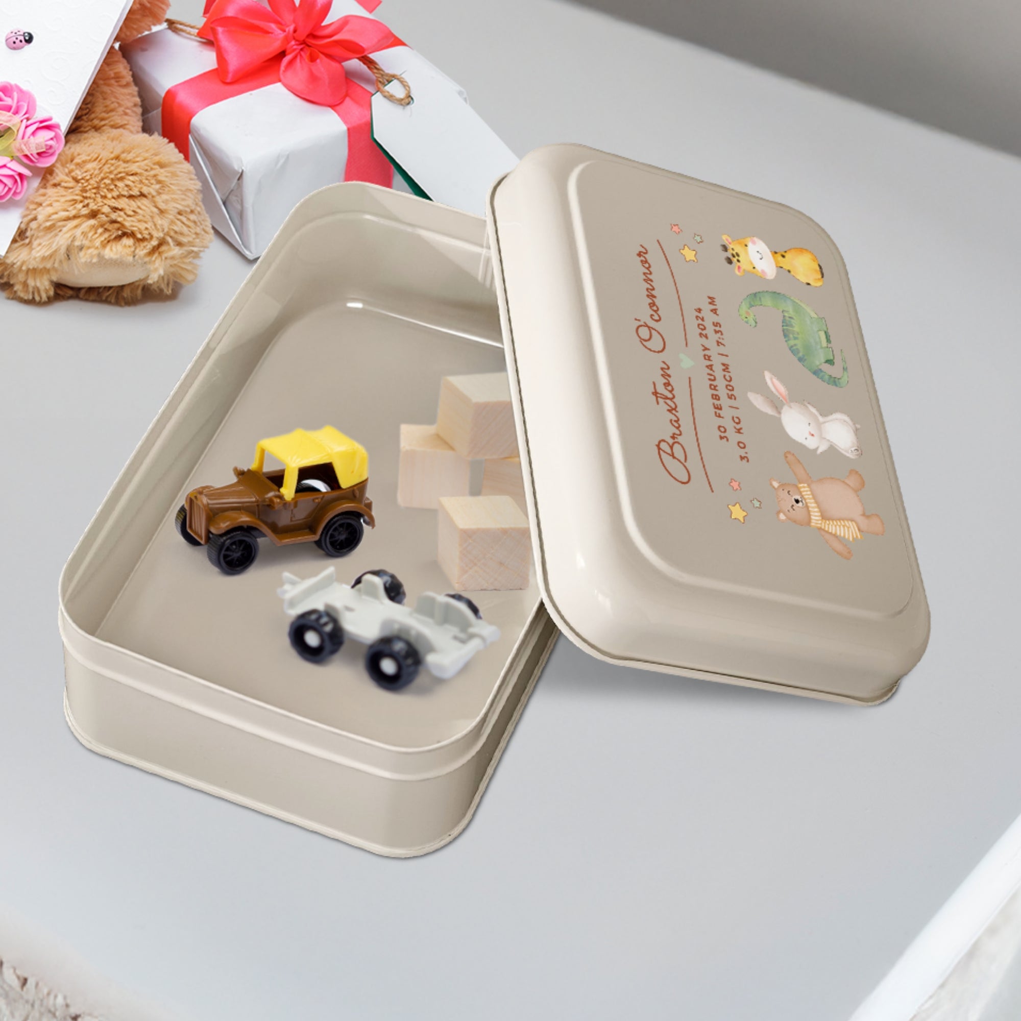 Personalised New Born Baby Tin Keepsake Box, Custom UV Printed Metal Memory Boxes, Engraved Treasure Storage, Nursery, First Birthday Gift