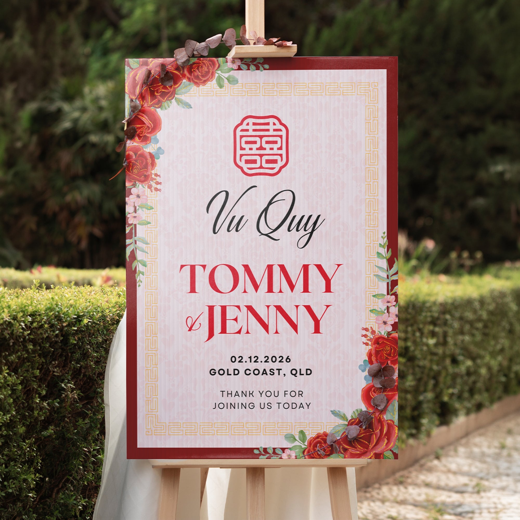 Personalised Oriental Chinese/ Vietnamese Wedding Tea Ceremony Welcome Corflute Sign, Custom Asian Double Happiness 囍 ,Vu Quy Tân Hôn Poster