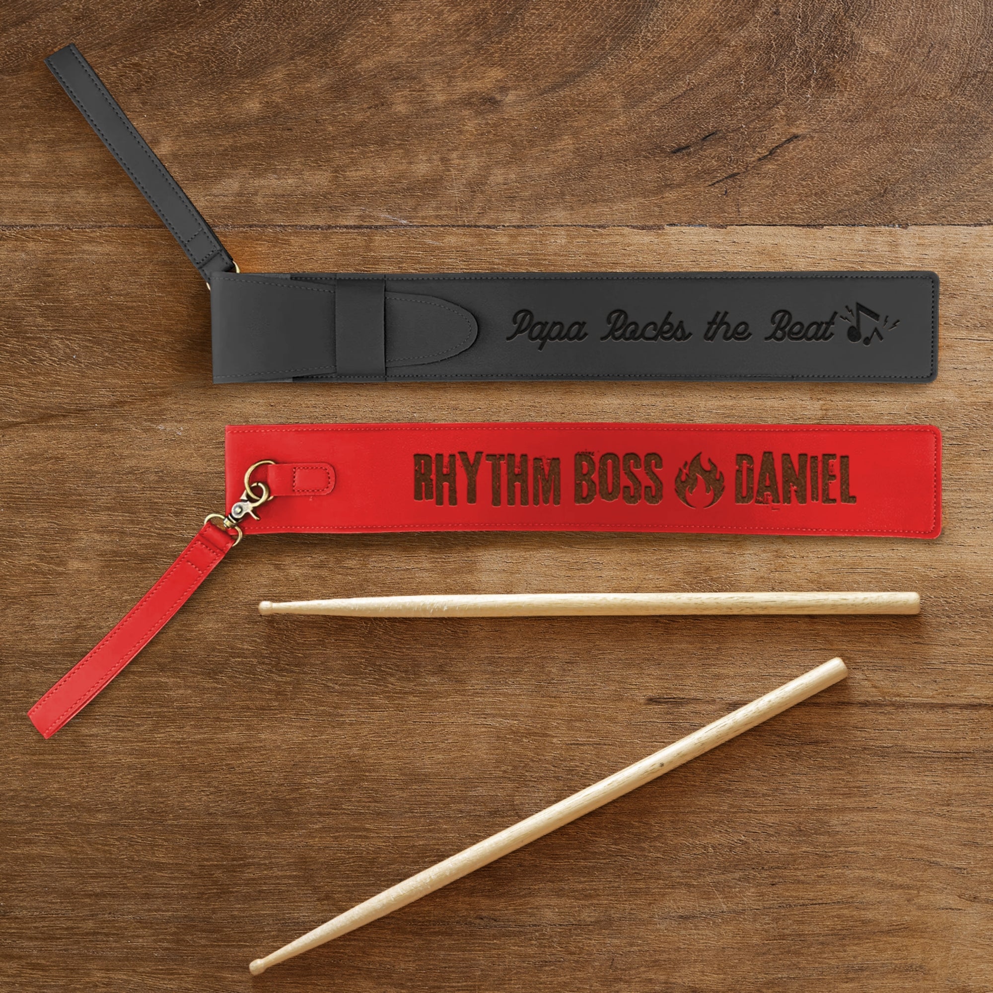 Personalised Pair of 5A Drumsticks &amp; Engraved Leatherette Pouch, Custom Drum Sticks Holder Case, Jazz Rock, Drummers, Musician Dad Xmas Gift