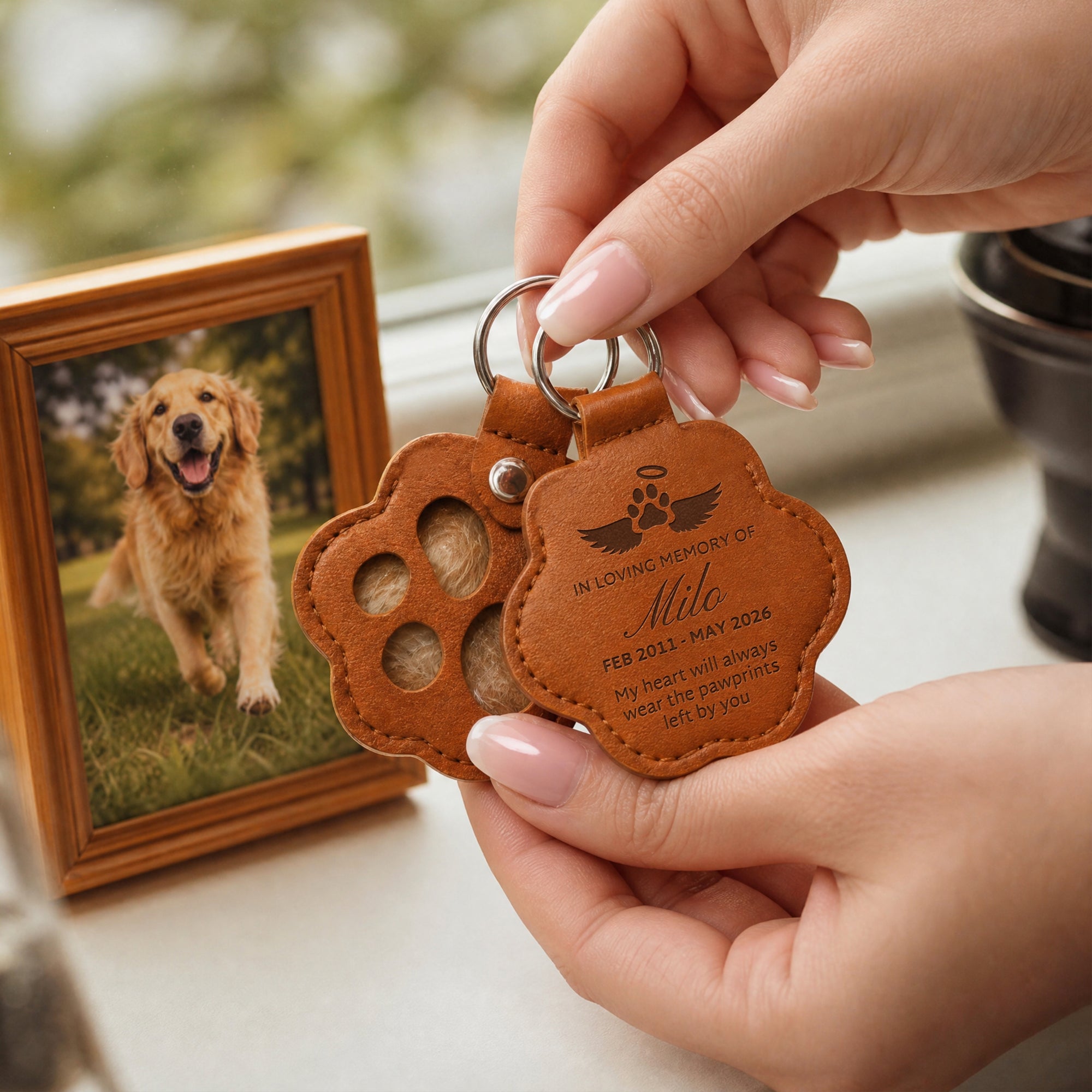 Personalised Pet Fur Holder, Custom Engraved Dog Hair Memorial Keychain, Paw Collar Tag Key Ring Cat Lover Gift Sympathy Loss Keepsake Charm