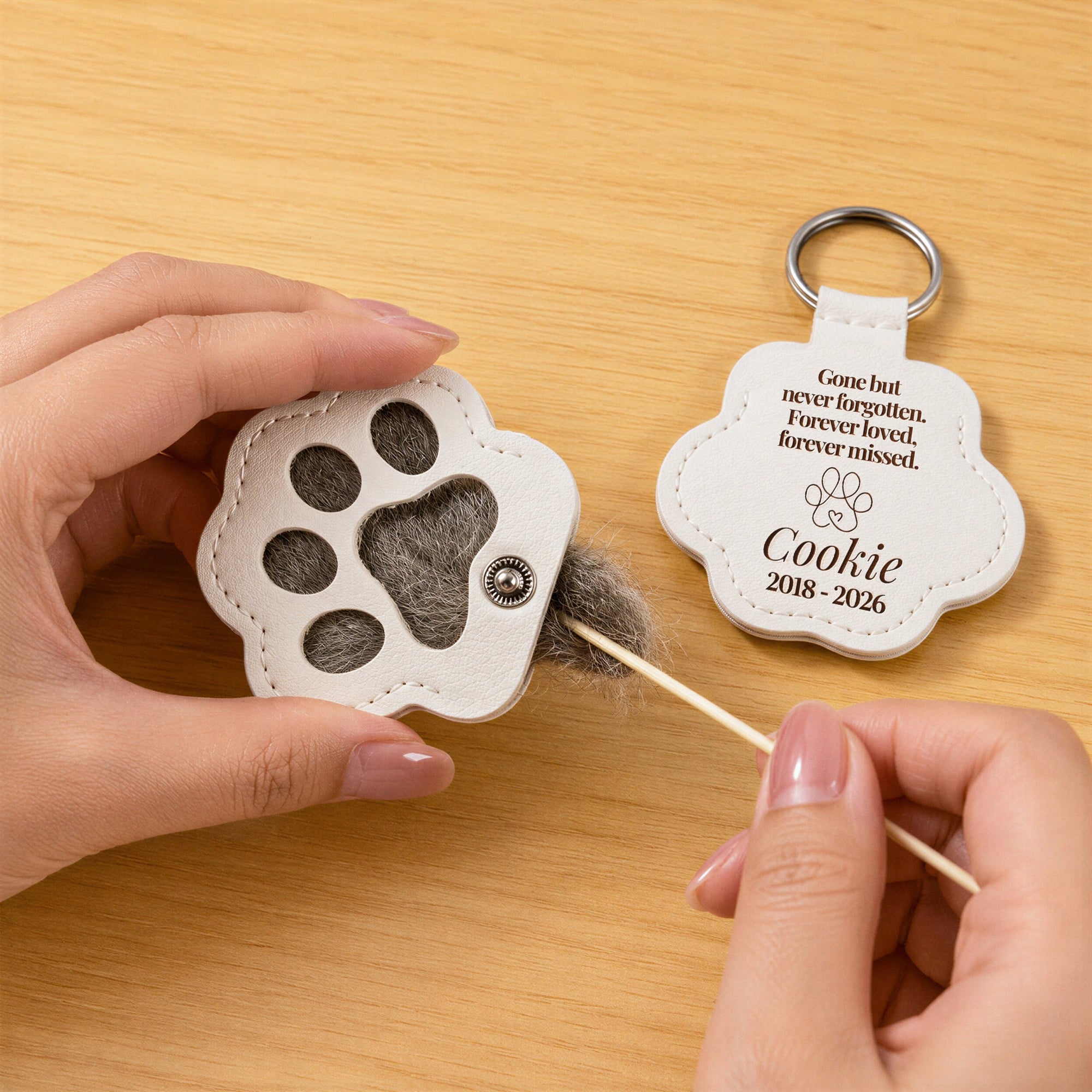 Personalised Pet Fur Holder, Custom Engraved Dog Hair Memorial Keychain, Paw Collar Tag Key Ring Cat Lover Gift Sympathy Loss Keepsake Charm