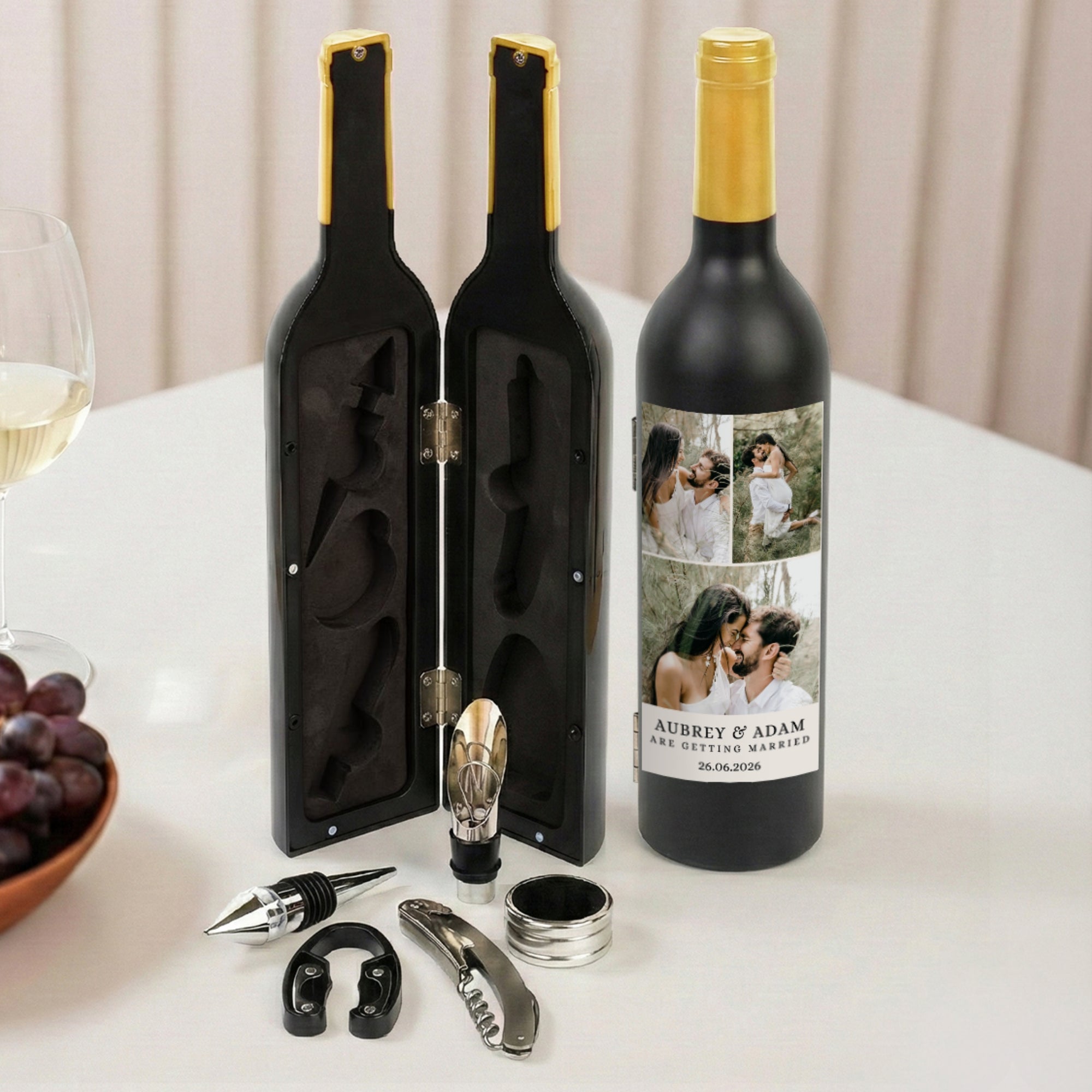 Personalised Photo Wine Bottle Shaped Corkscrew Set, Custom UV Champagne Accessories Kit Barware Groomsman Bridesmaid Wedding Corporate Gift