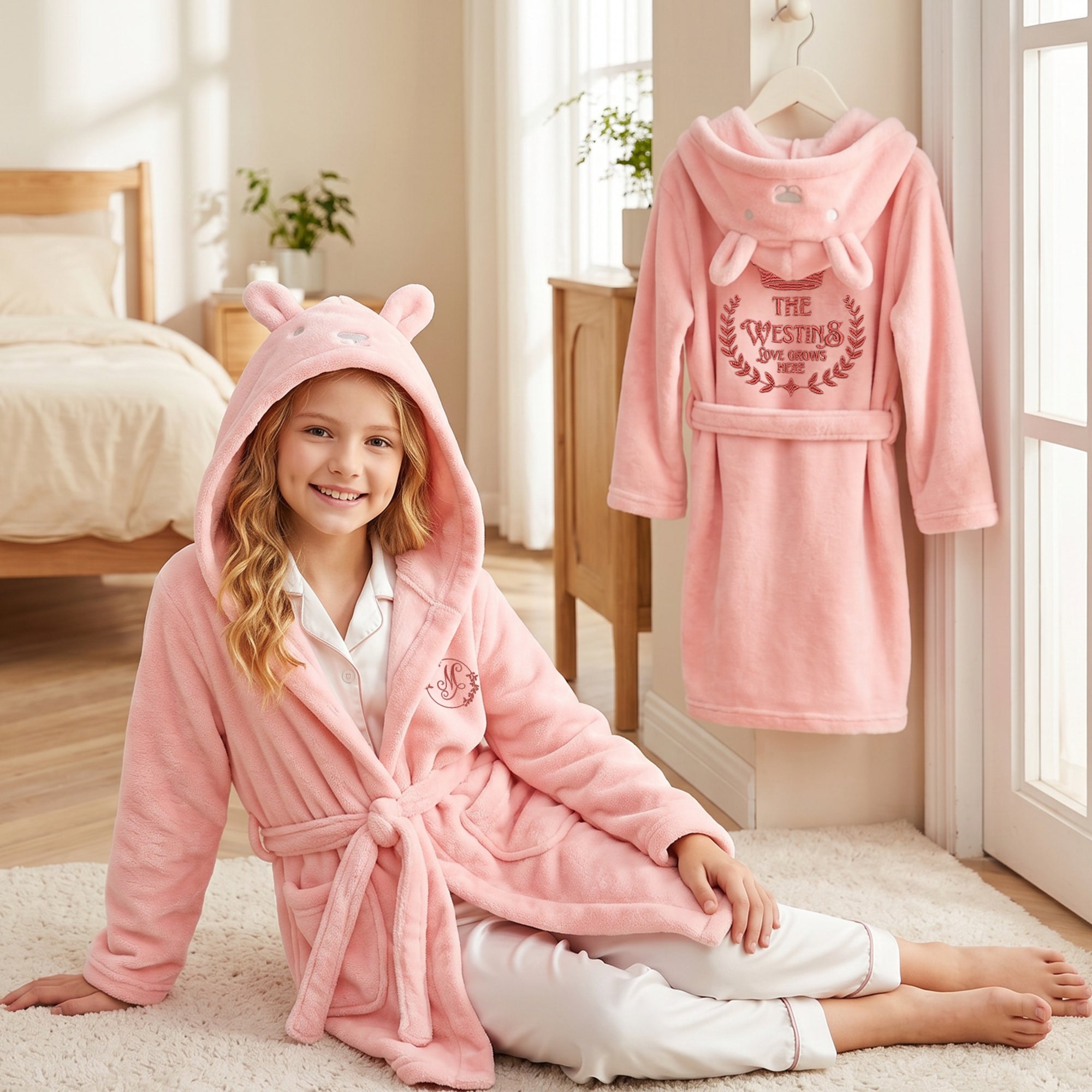 Personalised Plush Kid Bathrobe, Custom Name Embroidered Baby Dressing Gown, Bear Ear Hooded Baby Robe, Christening Teens Birthday Xmas Gift