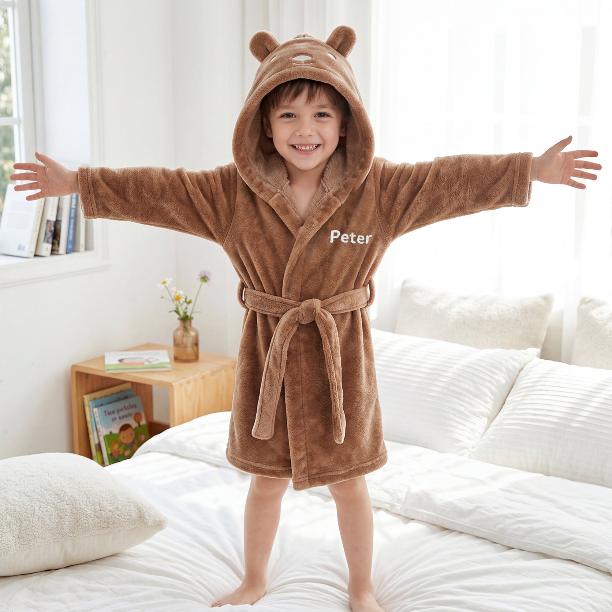 Personalised Plush Kid Bathrobe, Custom Name Embroidered Baby Dressing Gown, Bear Ear Hooded Baby Robe, Christening Teens Birthday Xmas Gift