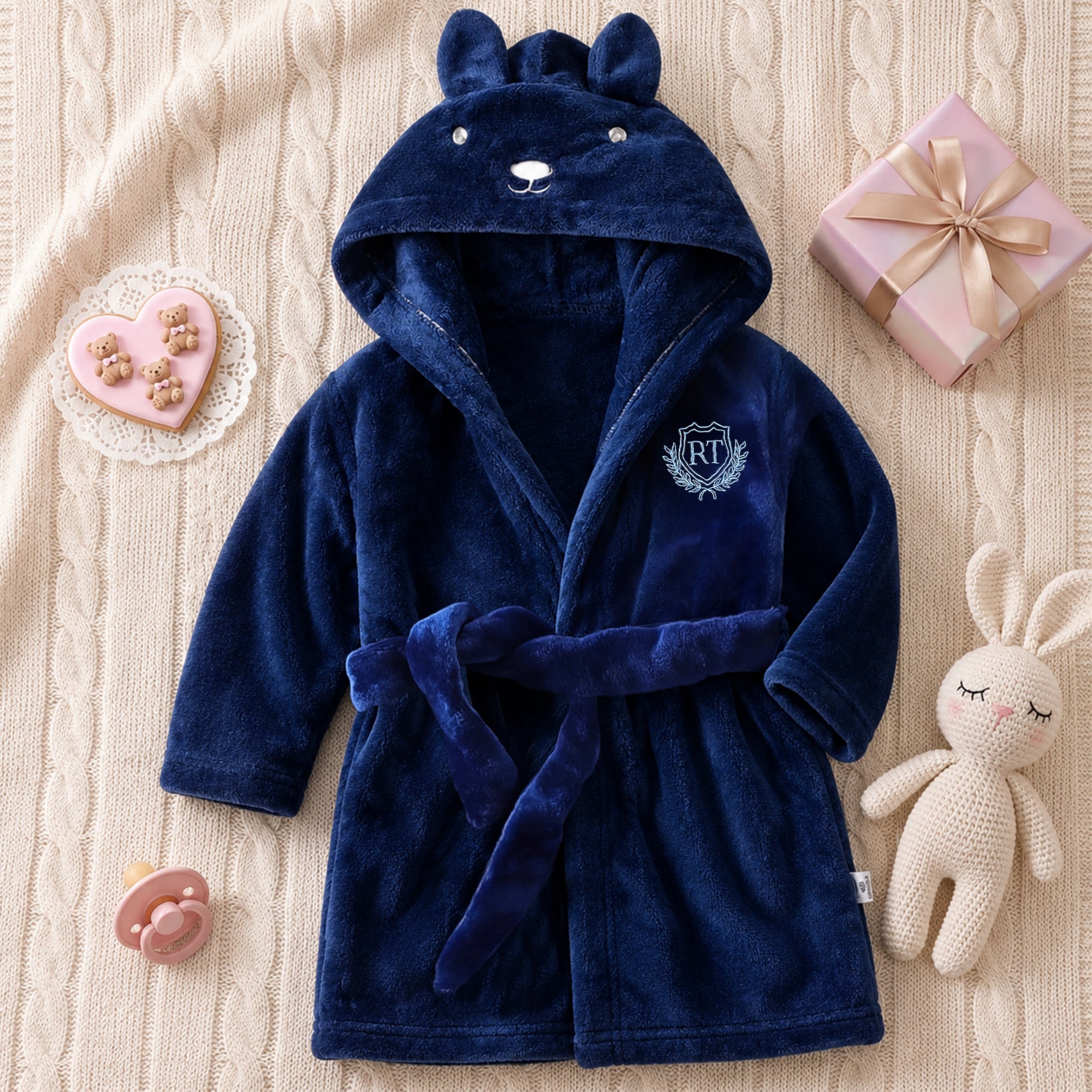 Personalised Plush Kid Bathrobe, Custom Name Embroidered Baby Dressing Gown, Bear Ear Hooded Baby Robe, Christening Teens Birthday Xmas Gift