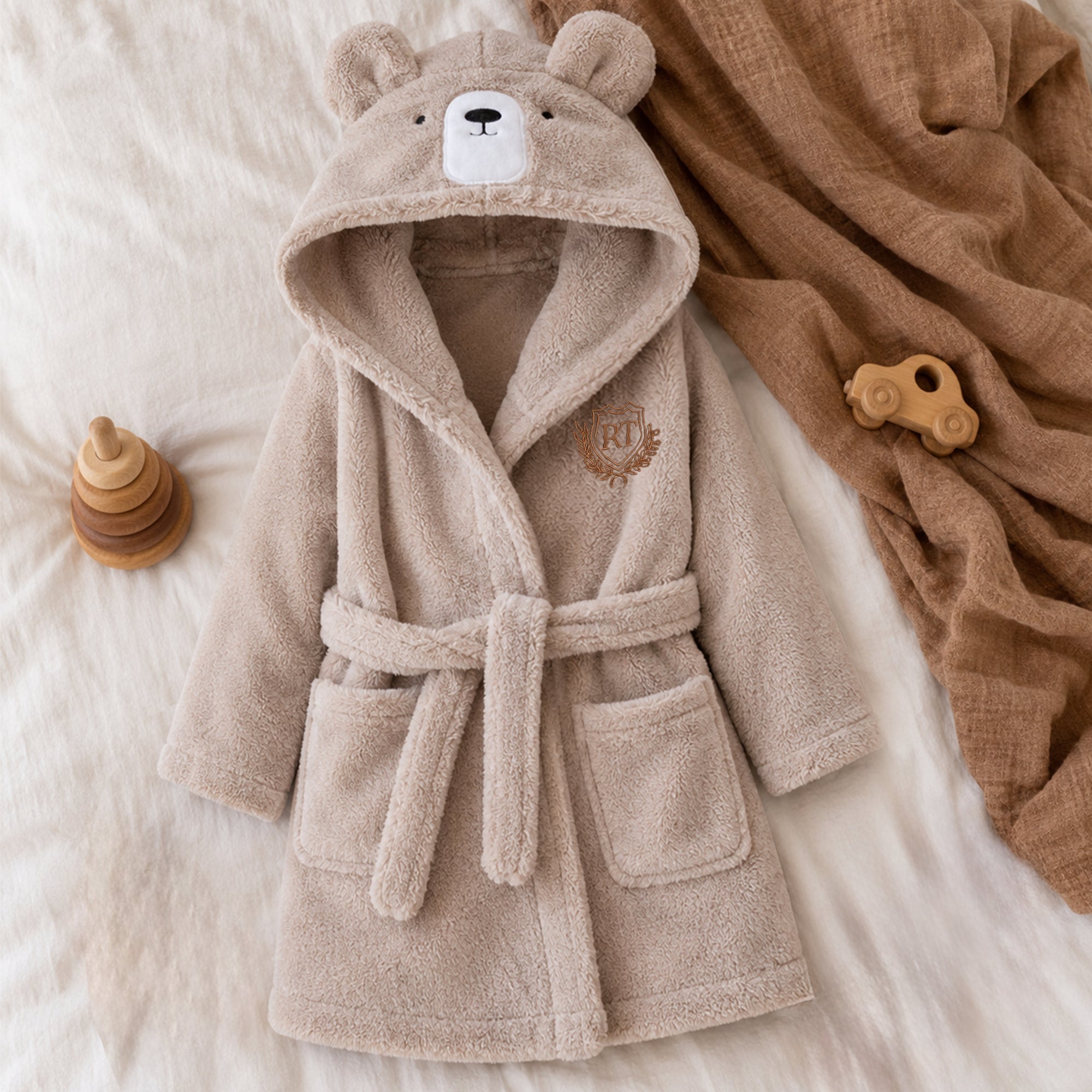Personalised Plush Teddy Kid Bathrobe, Custom Name Embroidered Teens Dressing Gown Bear Ear Hooded Baby Robe, Christening Birthday Xmas Gift