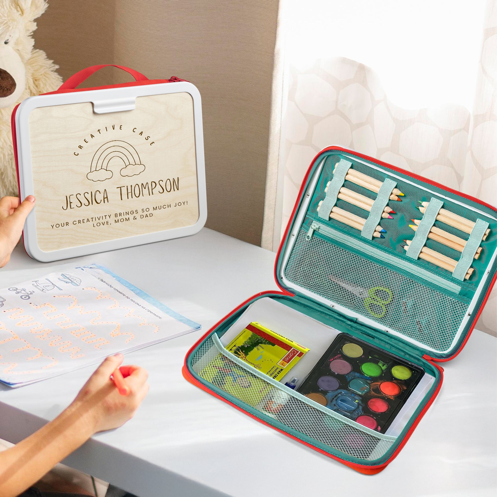 Personalised Portable Kids&#39; Drawing Case, Custom Logo Art Supplies, Children Creative Travel Art Kit Storage, Preschool, Baby Birthday Gift