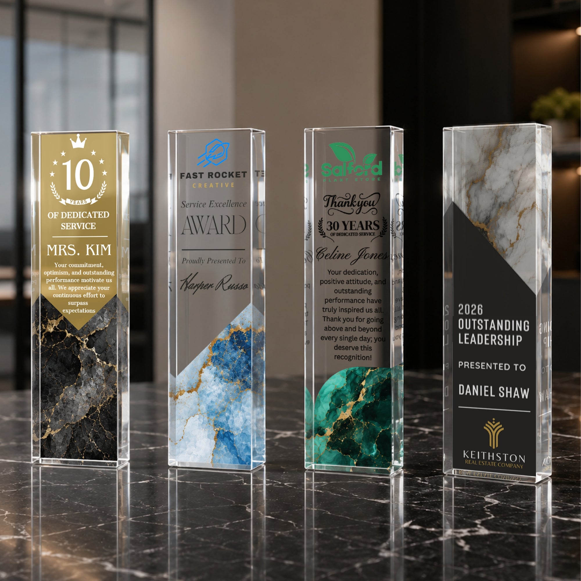 Personalised Print Clear Acrylic Block Trophy, Custom Employee Recognition Plaque, Graduate, Teacher, Sport Coach Award, Logo Corporate Gift