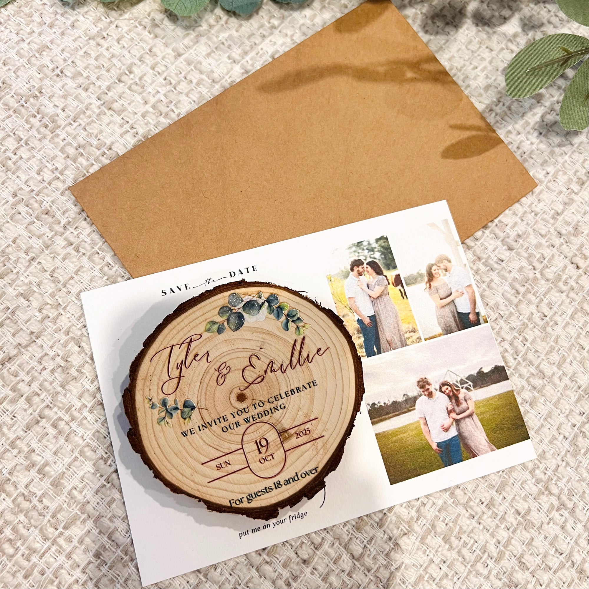 Personalised UV Print Wood Slice Save The Date Fridge Magnet &amp; Invitation Card, Kraft Envelope, Customised Rustic Wreath Wedding Stationery