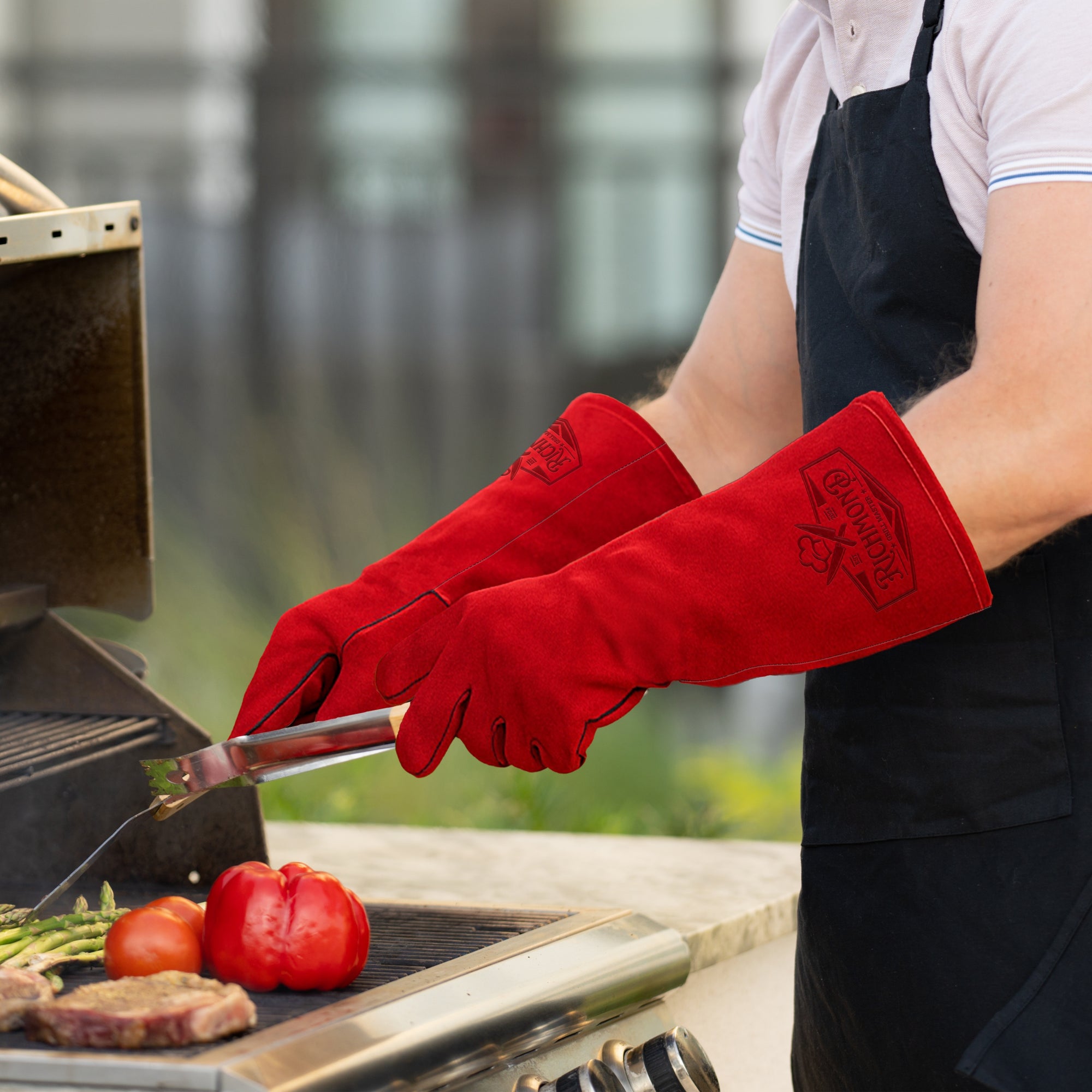 Personalised Long Leather BBQ Grill Gloves, Custom Engraved Fire &amp; Heat Resistant Smoker, Stove, Oven, Fireplace Protective Gloves, Dad Gift