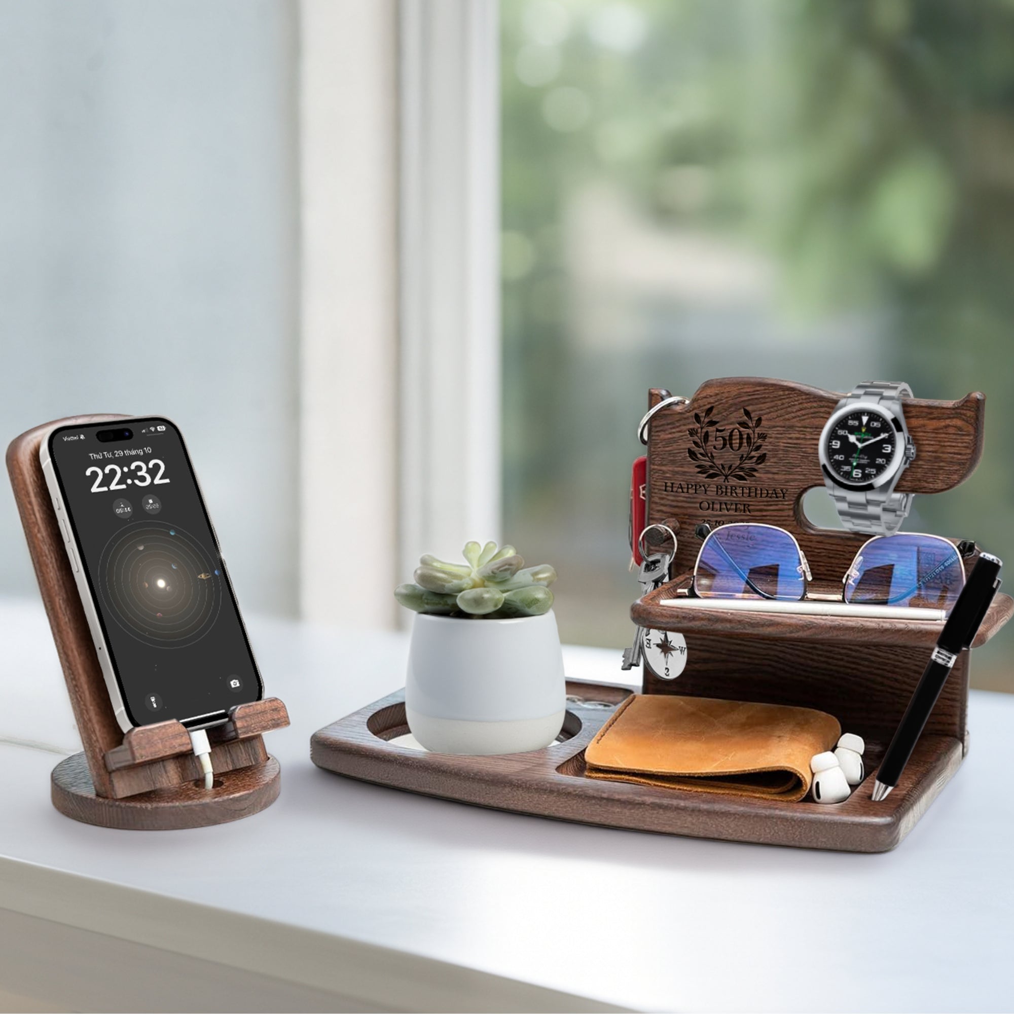 Personalised Rotating Wooden Docking Station, Custom Engraved Desk Valet, Nightstand Phone Watch Wallet Organiser Dad Groomsman Gift for Him