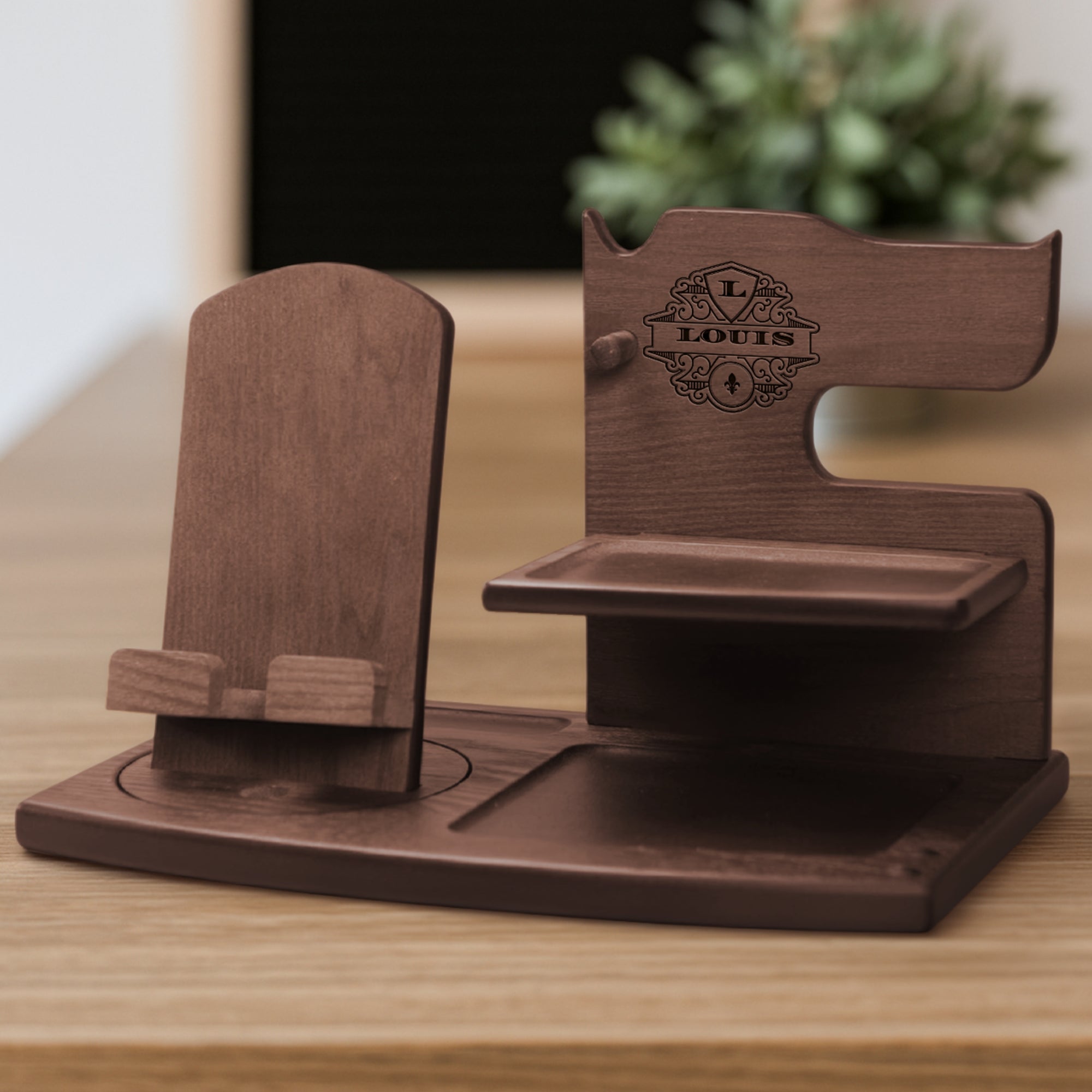 Personalised Rotating Wooden Docking Station, Custom Engraved Desk Valet, Nightstand Phone Watch Wallet Organiser Dad Groomsman Gift for Him