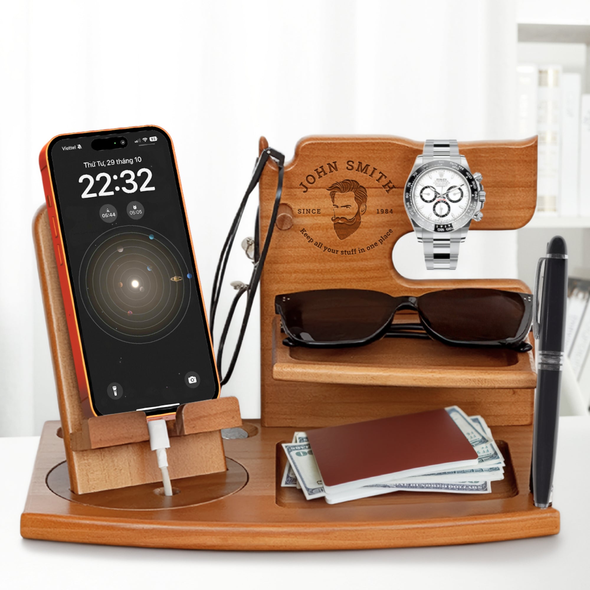 Personalised Rotating Wooden Docking Station, Custom Engraved Desk Valet, Nightstand Phone Watch Wallet Organiser Dad Groomsman Gift for Him