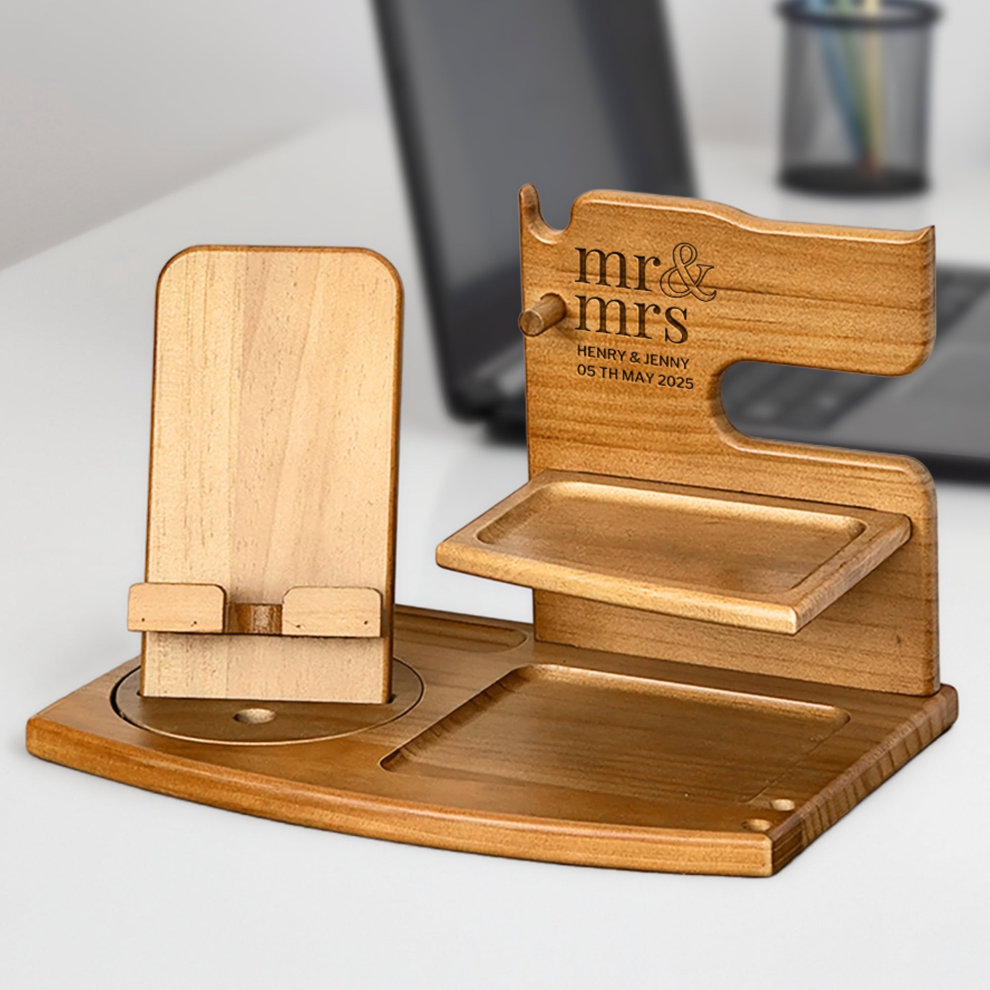 Personalised Rotating Wooden Docking Station, Custom Engraved Desk Valet, Nightstand Phone Watch Wallet Organiser Dad Groomsman Gift for Him