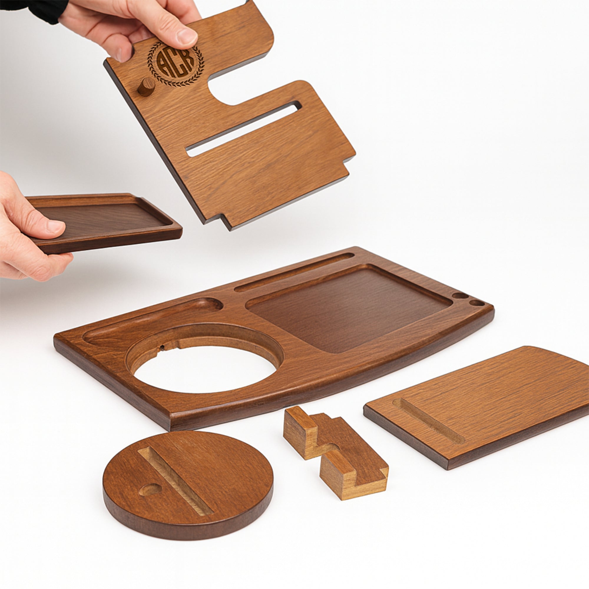 Personalised Rotating Wooden Docking Station, Custom Engraved Desk Valet, Nightstand Phone Watch Wallet Organiser Dad Groomsman Gift for Him