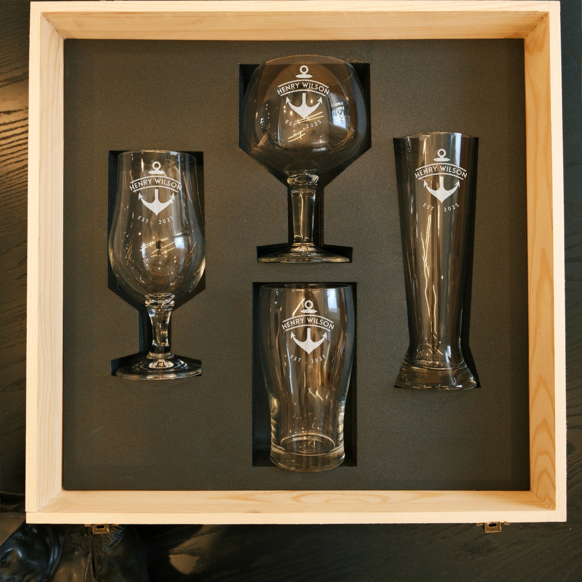Personalised Set of 4 Portugal Beer Glasses &amp; Custom Engraved Logo Wooden Box, Groomsman Proposal, Wedding, Birthday, Father, Corporate Gift