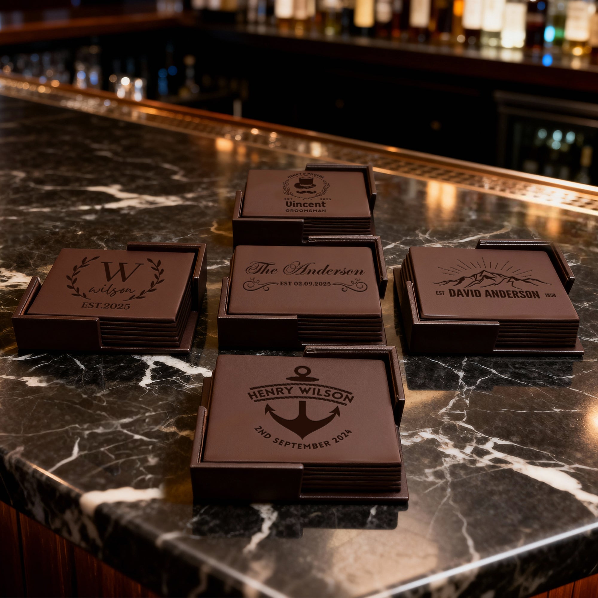 Personalised Set of 6 Leatherette Square Coasters, Custom Engraved Logo Drink Mat Set, Wedding Dad Mom Birthday, Housewarming Corporate Gift
