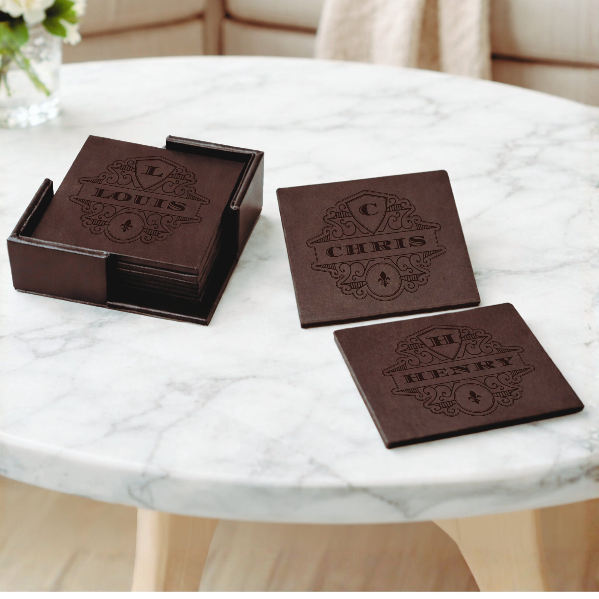 Personalised Set of 6 Leatherette Square Coasters, Custom Engraved Logo Drink Mat Set, Wedding Dad Mom Birthday, Housewarming Corporate Gift