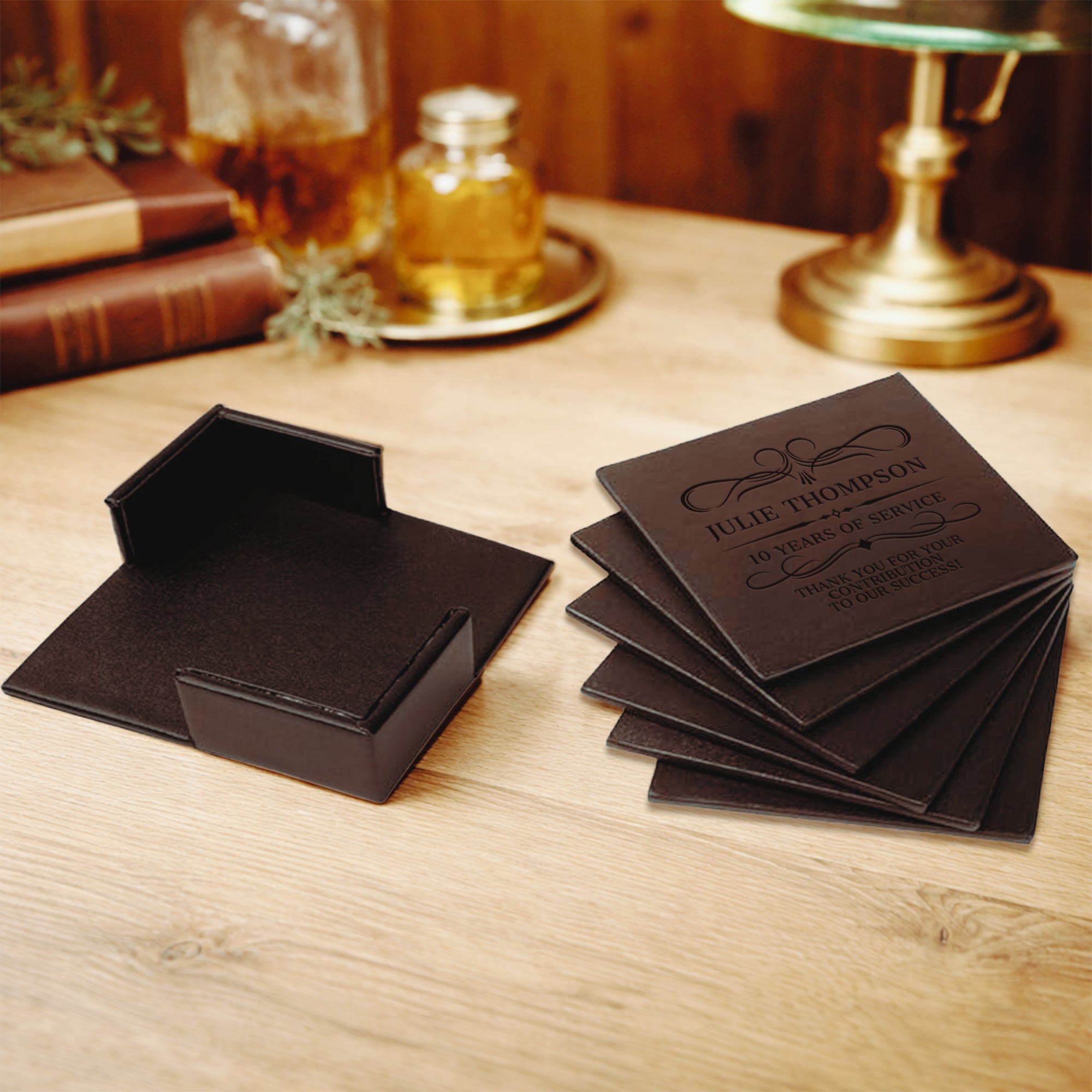 Personalised Set of 6 Leatherette Square Coasters, Custom Engraved Logo Drink Mat Set, Wedding Dad Mom Birthday, Housewarming Corporate Gift