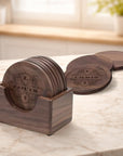 Personalised Set of 6 Walnut Coasters & Holder, Custom Engraved Logo Beech Wooden Drink Mat Set Wedding Birthday Housewarming Corporate Gift