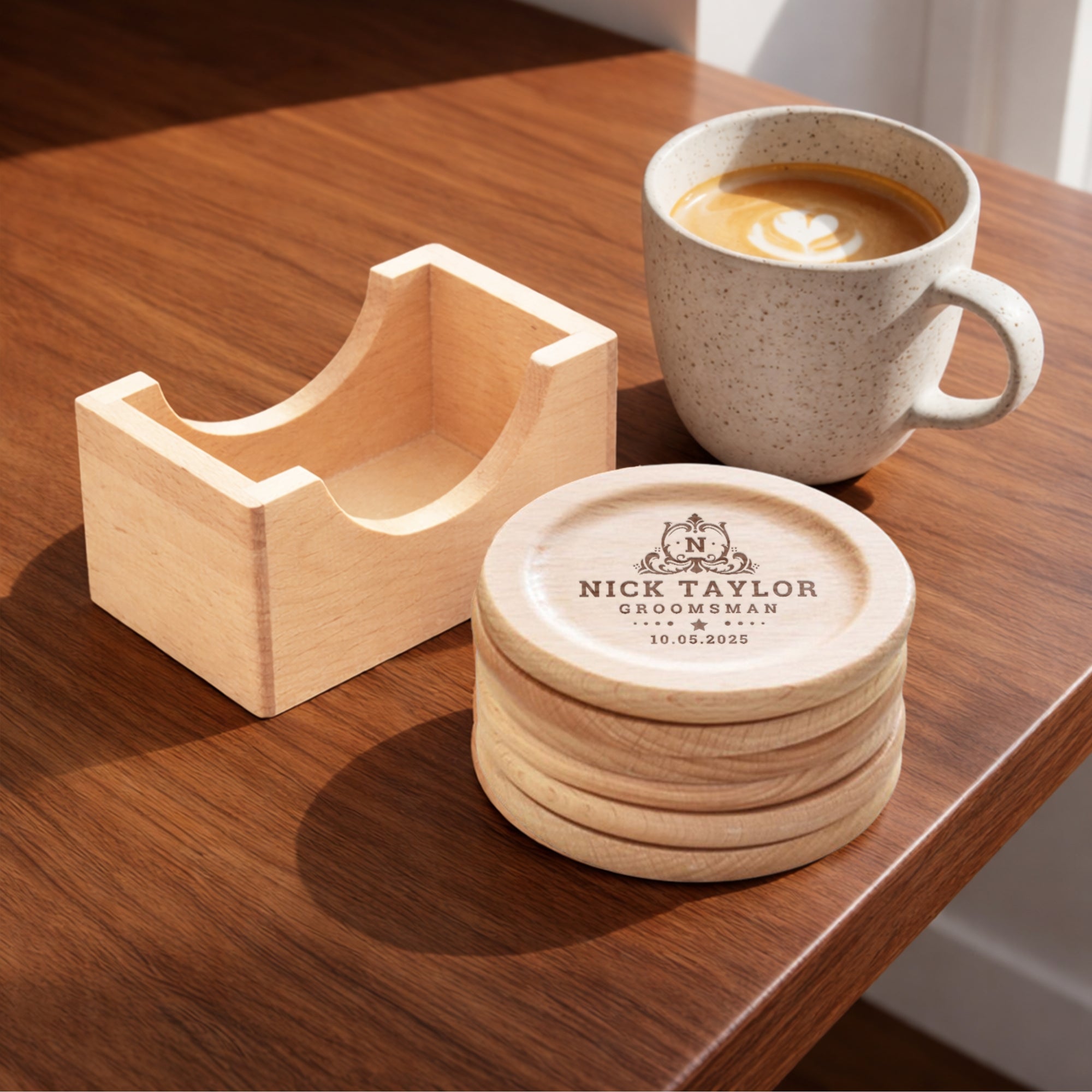 Personalised Set of 6 Walnut Coasters &amp; Holder, Custom Engraved Logo Beech Wooden Drink Mat Set Wedding Birthday Housewarming Corporate Gift