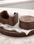Personalised Set of 6 Walnut Coasters & Holder, Custom Engraved Logo Beech Wooden Drink Mat Set Wedding Birthday Housewarming Corporate Gift