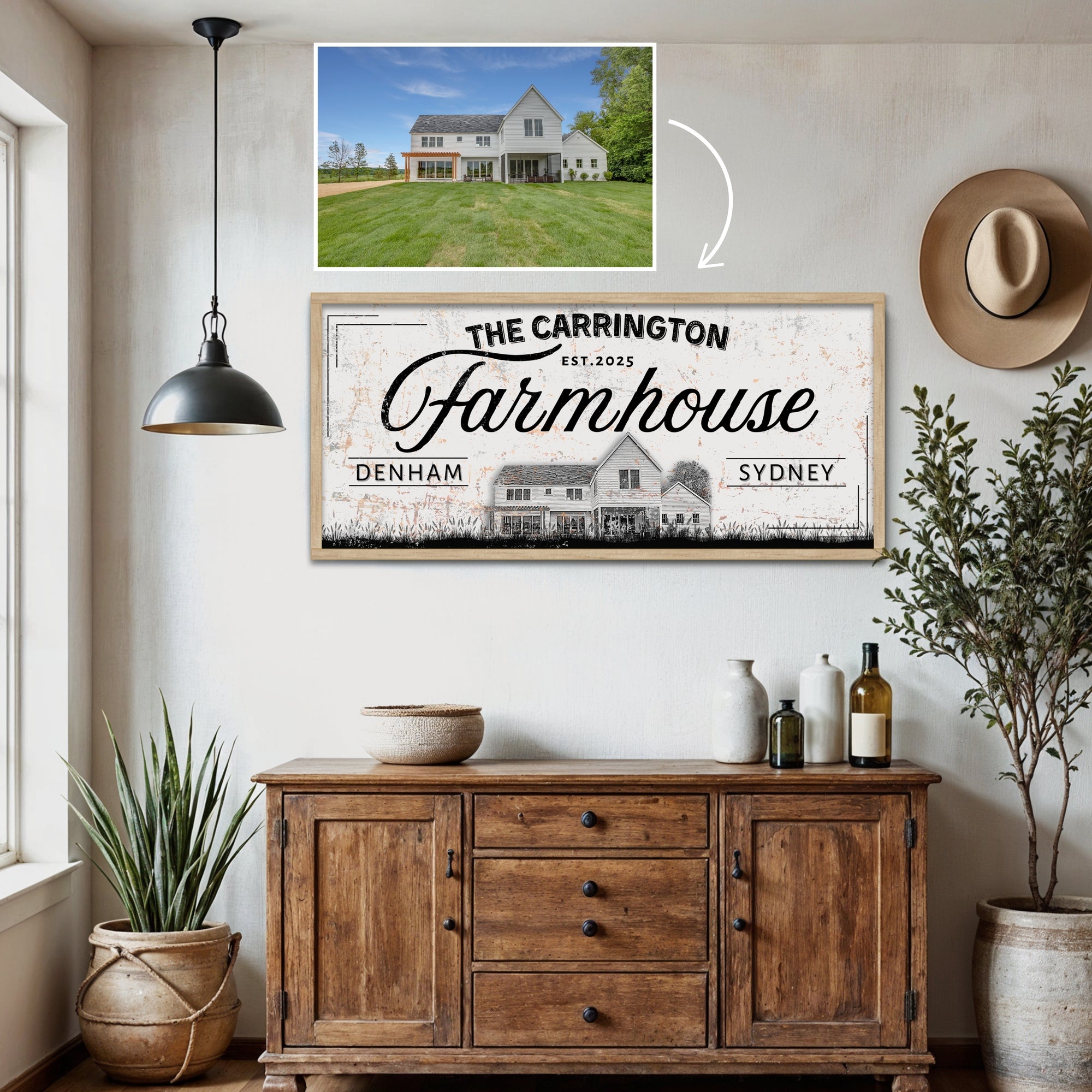Personalised Sketch House Photo & Family Name Farmhouse Rustic Sign, Custom UV Print Wood Frame Wall Decor Vintage Signage Housewarming Gift