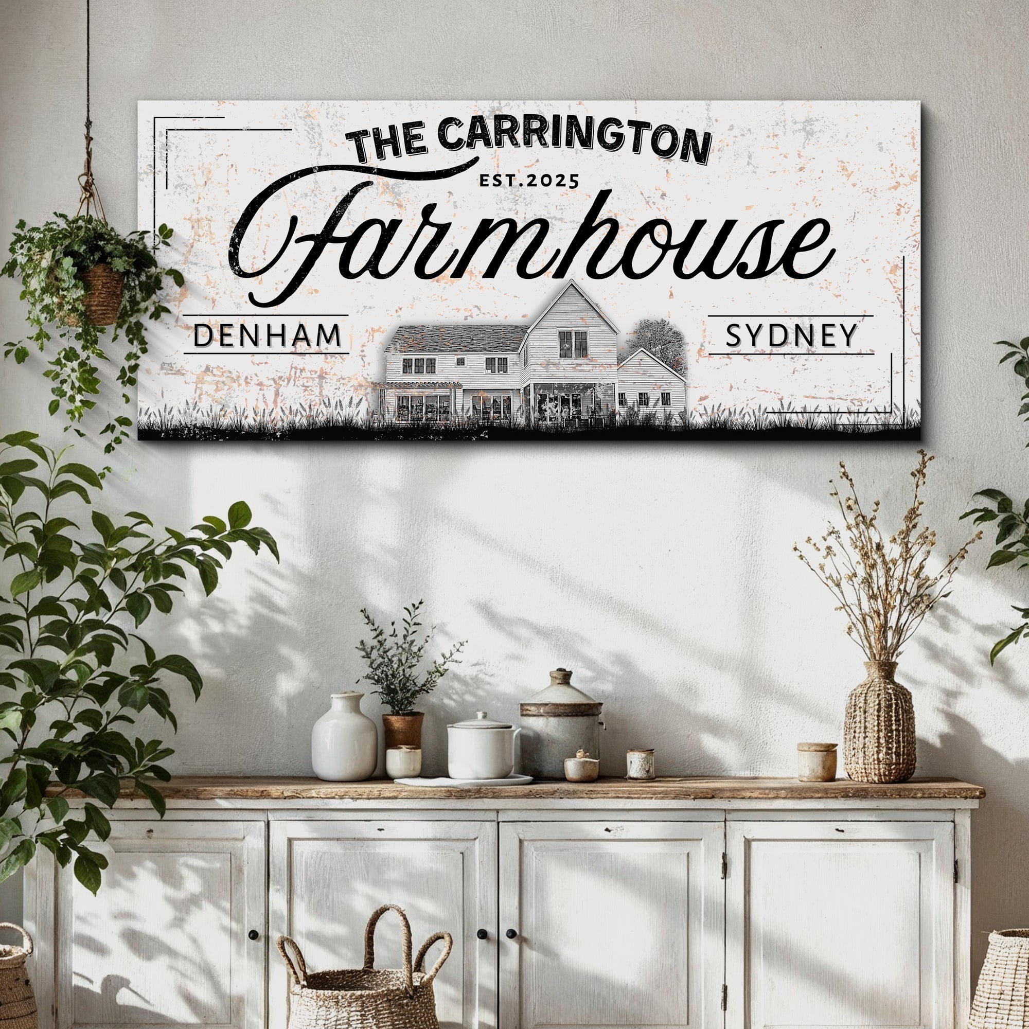 Personalised Sketch House Photo & Family Name Farmhouse Rustic Sign, Custom UV Print Wood Frame Wall Decor Vintage Signage Housewarming Gift