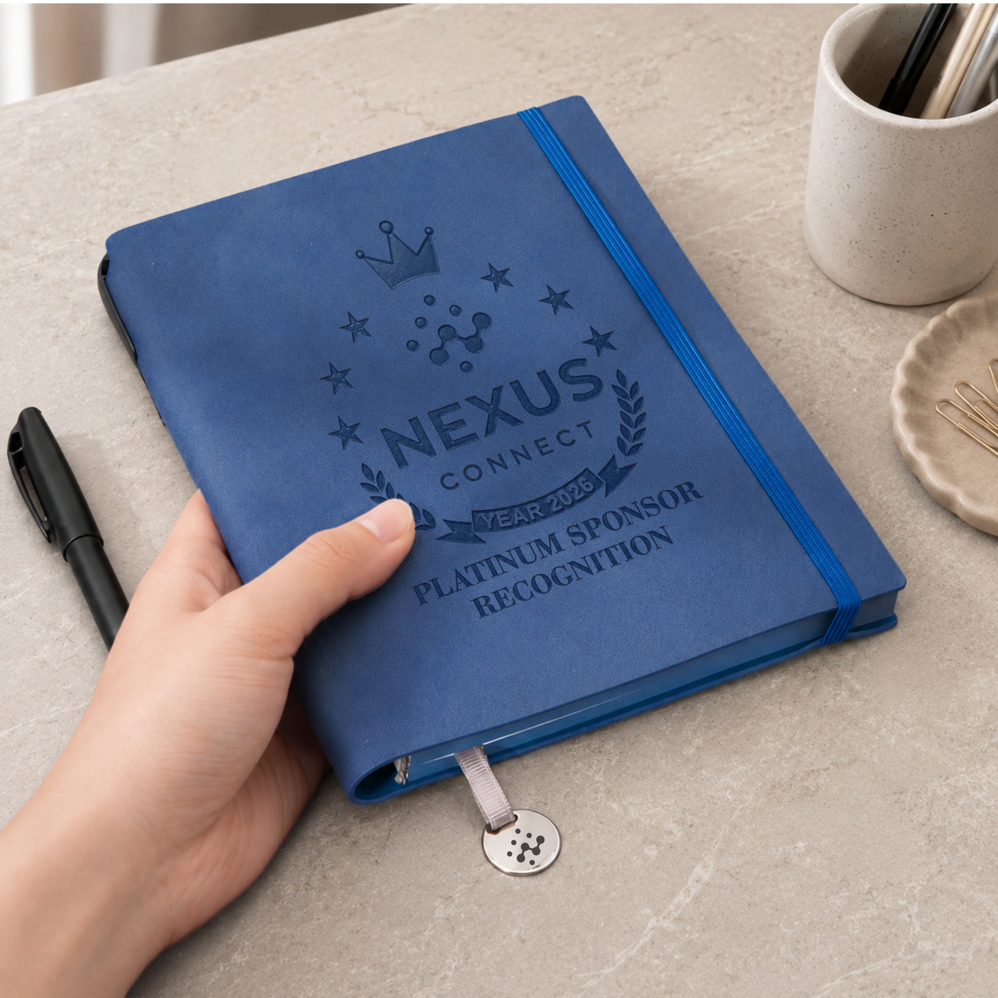 Personalised Soft Leatherette A5 Notebook with Pen &amp; Metal Bookmark Charm, Custom Engraved Logo Business Journal, Graduation, Corporate Gift