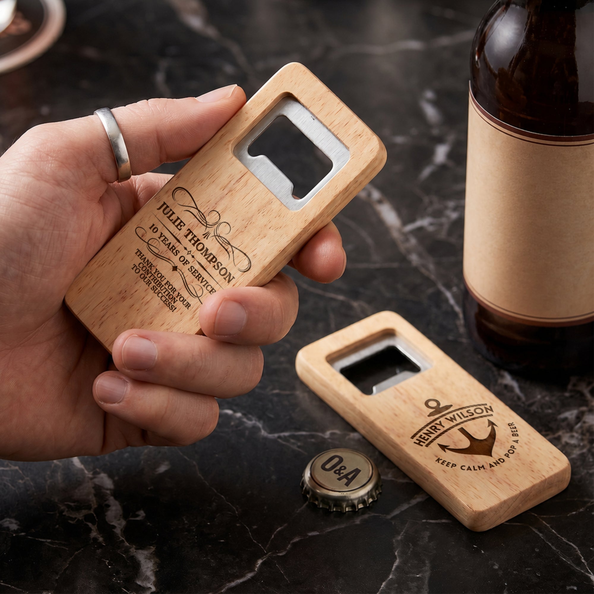 Personalised Square Wooden Bottle Opener, Custom Engraved Beer Popper, Dad Groomsmen Proposal Wedding Favours, Christmas Logo Corporate Gift