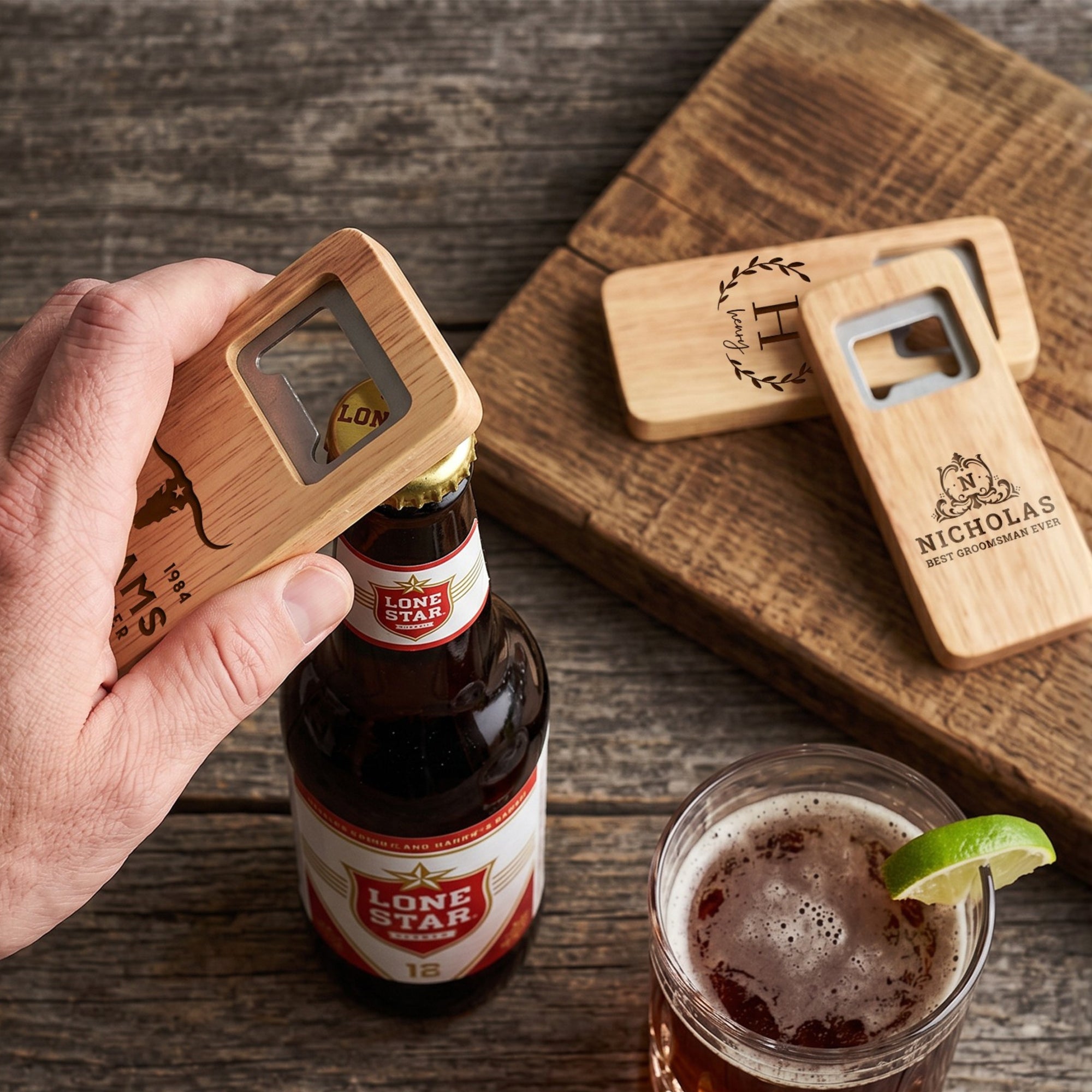 Personalised Square Wooden Bottle Opener, Custom Engraved Beer Popper, Dad Groomsmen Proposal Wedding Favours, Christmas Logo Corporate Gift