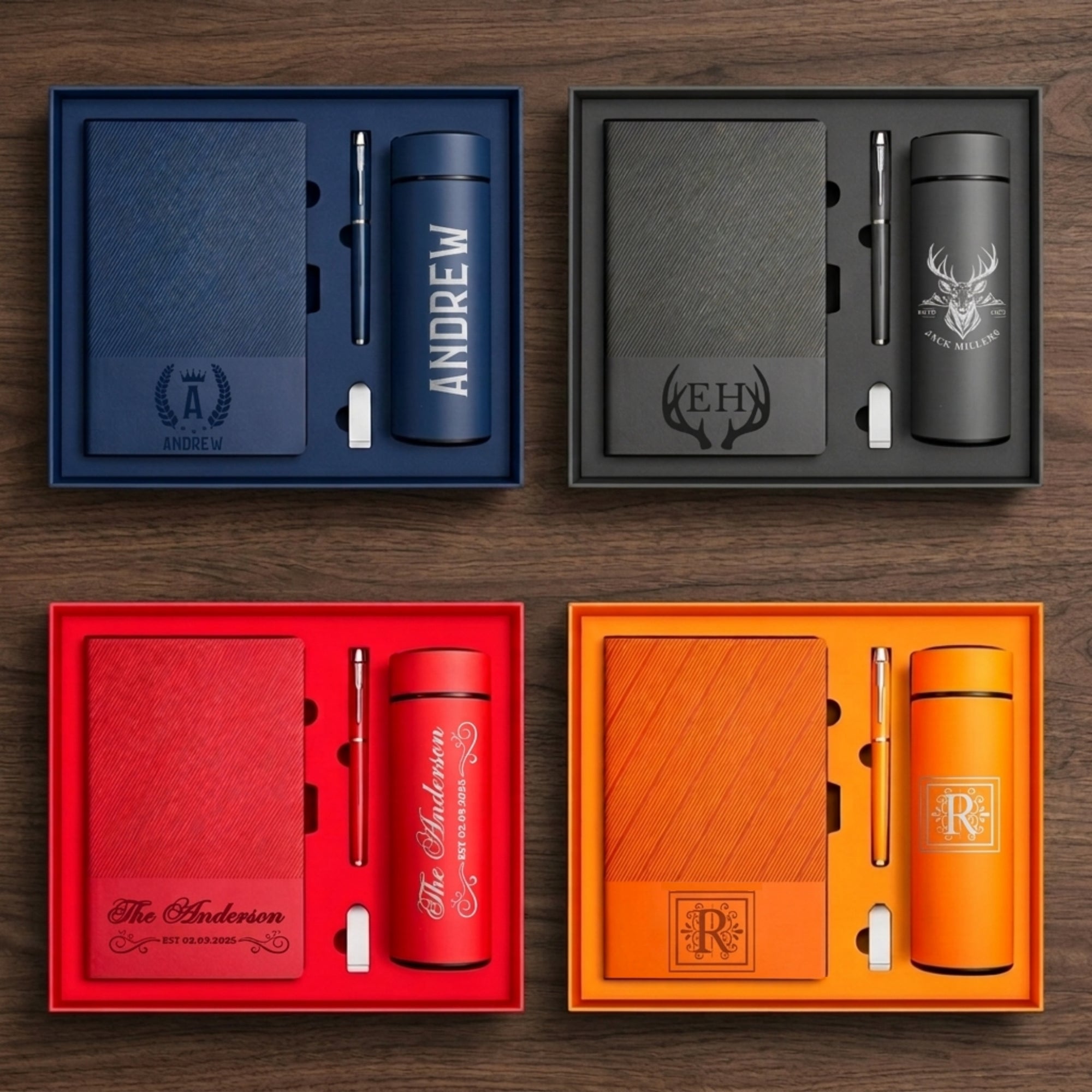 Personalised Striped A5 Notebook, Pen, Bookmark Charm, Tumbler &amp; 16GB USB Box Set, Custom Engraved Logo Journal, Graduation, Corporate Gift