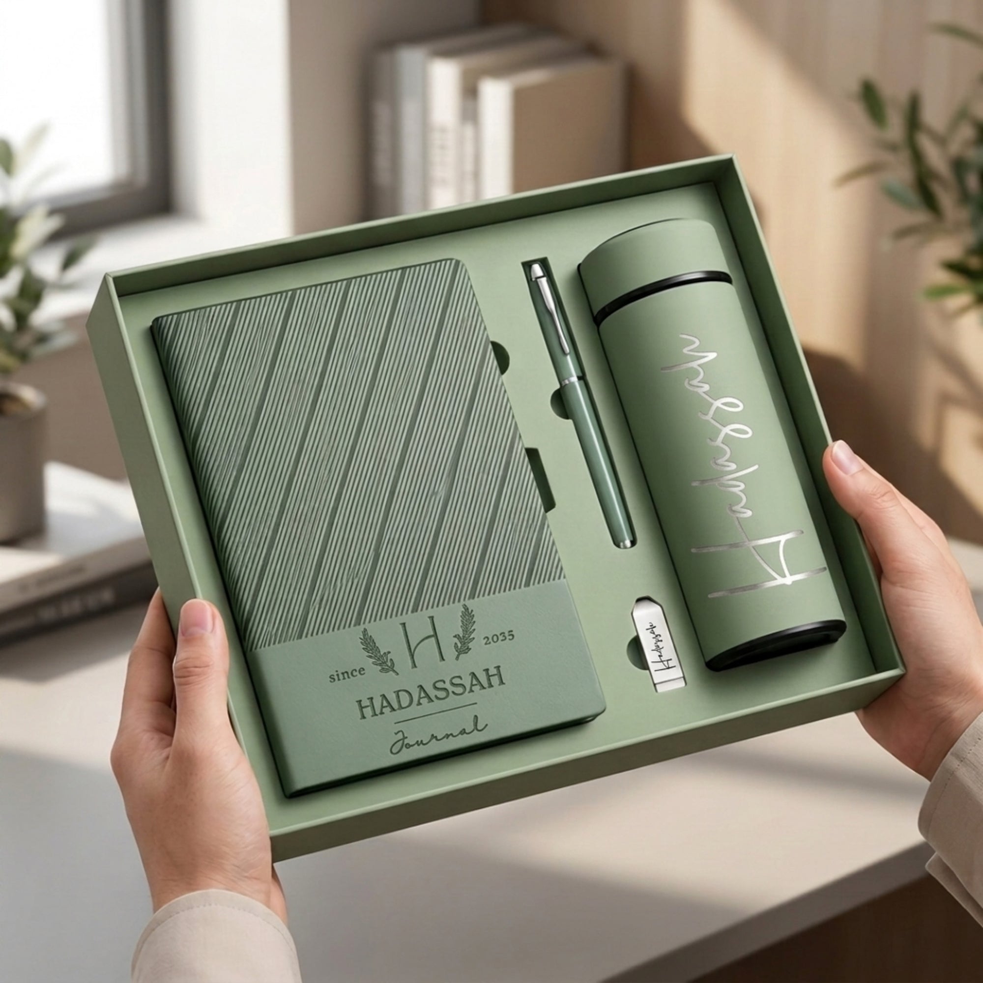 Personalised Striped A5 Notebook, Pen, Bookmark Charm, Tumbler &amp; 16GB USB Box Set, Custom Engraved Logo Journal, Graduation, Corporate Gift